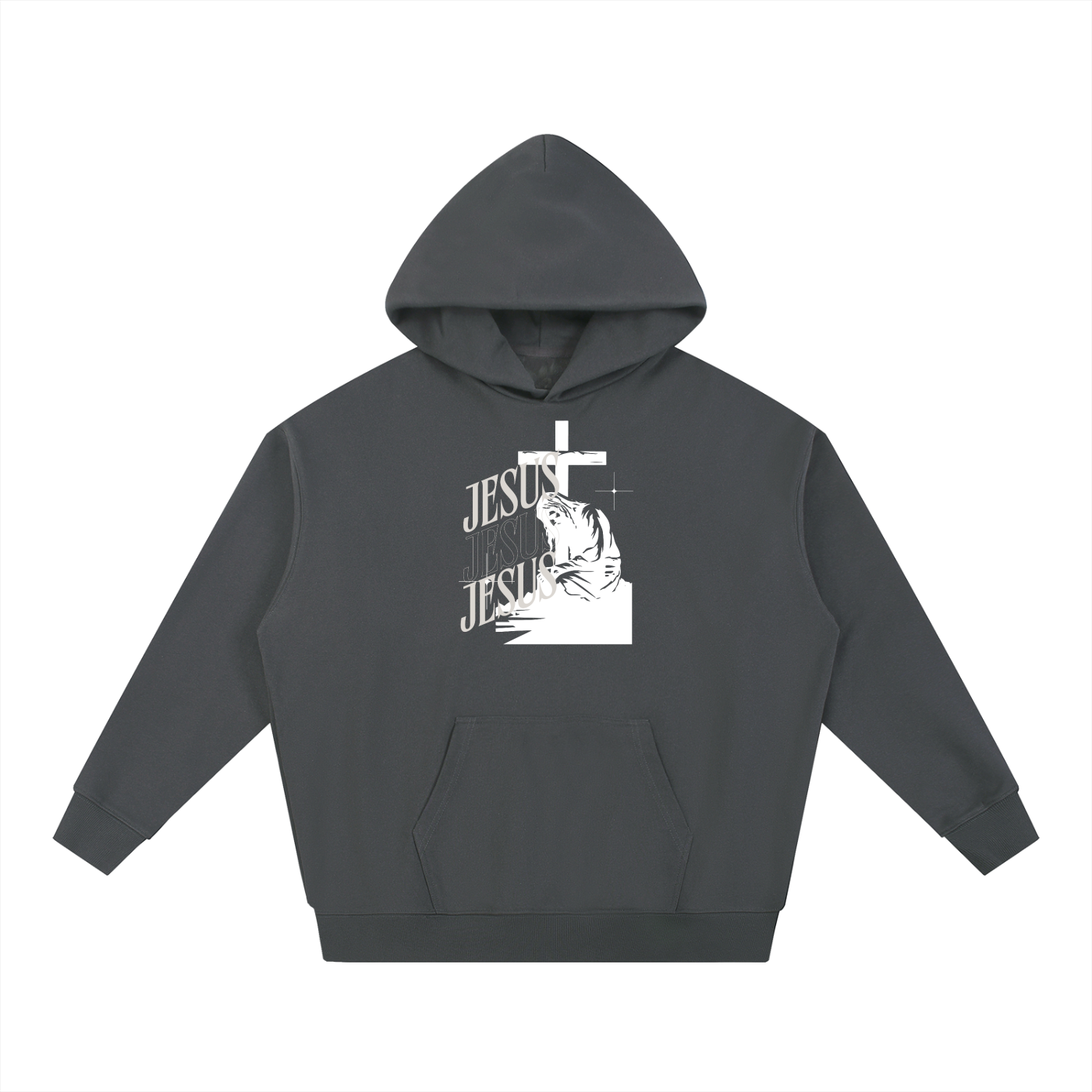 Dark gray hoodie with 'Jesus' text and cross design on a white background
