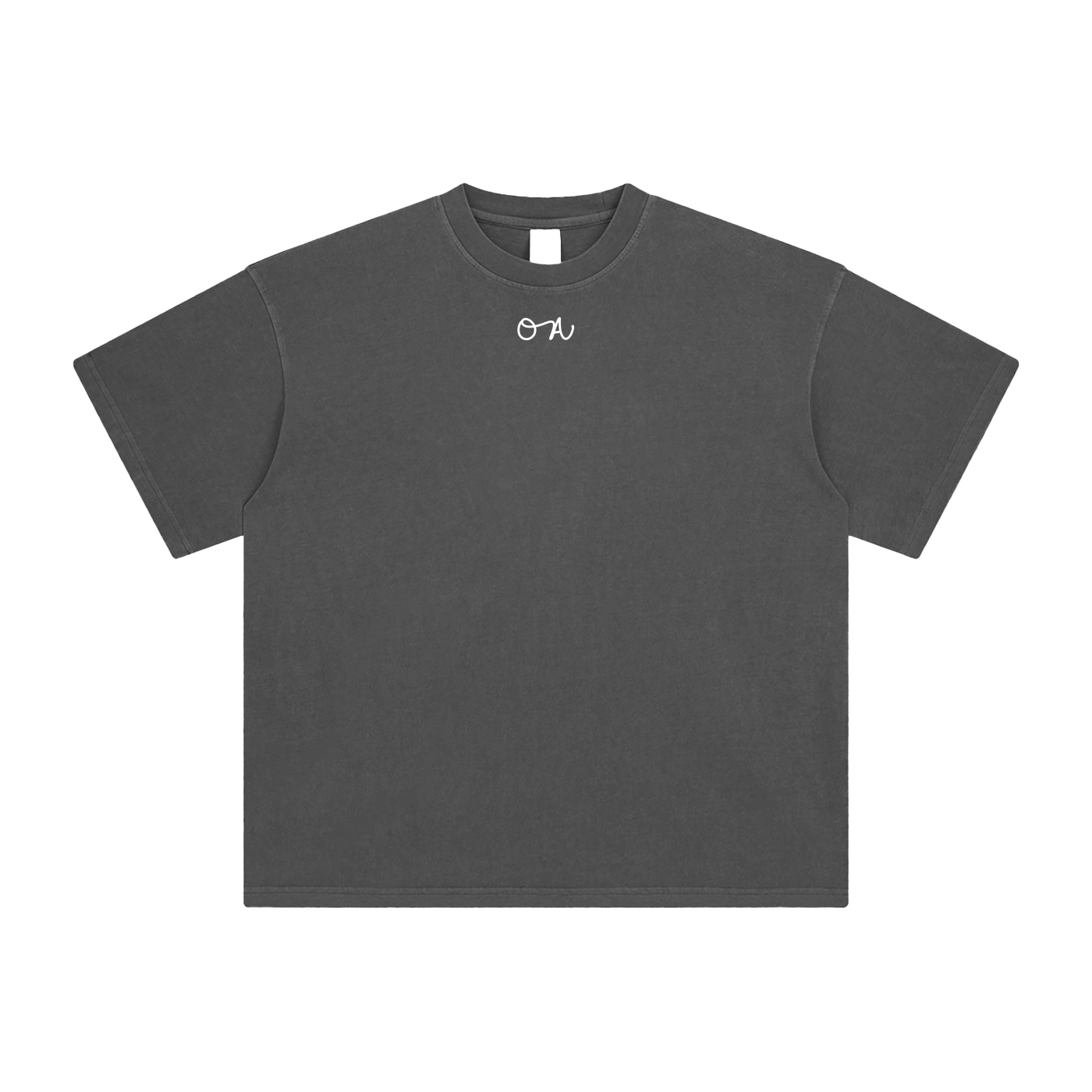 Gray t-shirt with a small 'OA' logo on a white background
