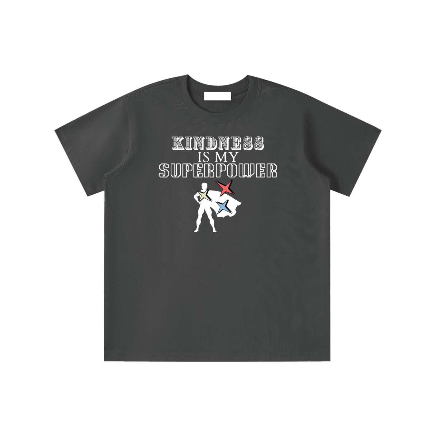 Dark gray t-shirt with 'Kindness is my superpower' text and superhero graphic on a white background