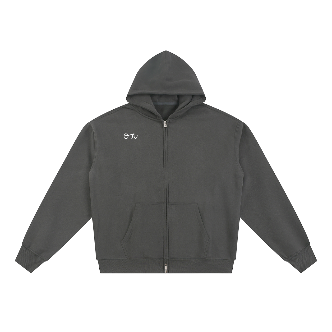 Dark gray hoodie with an 'OA' logo in front of a white background 