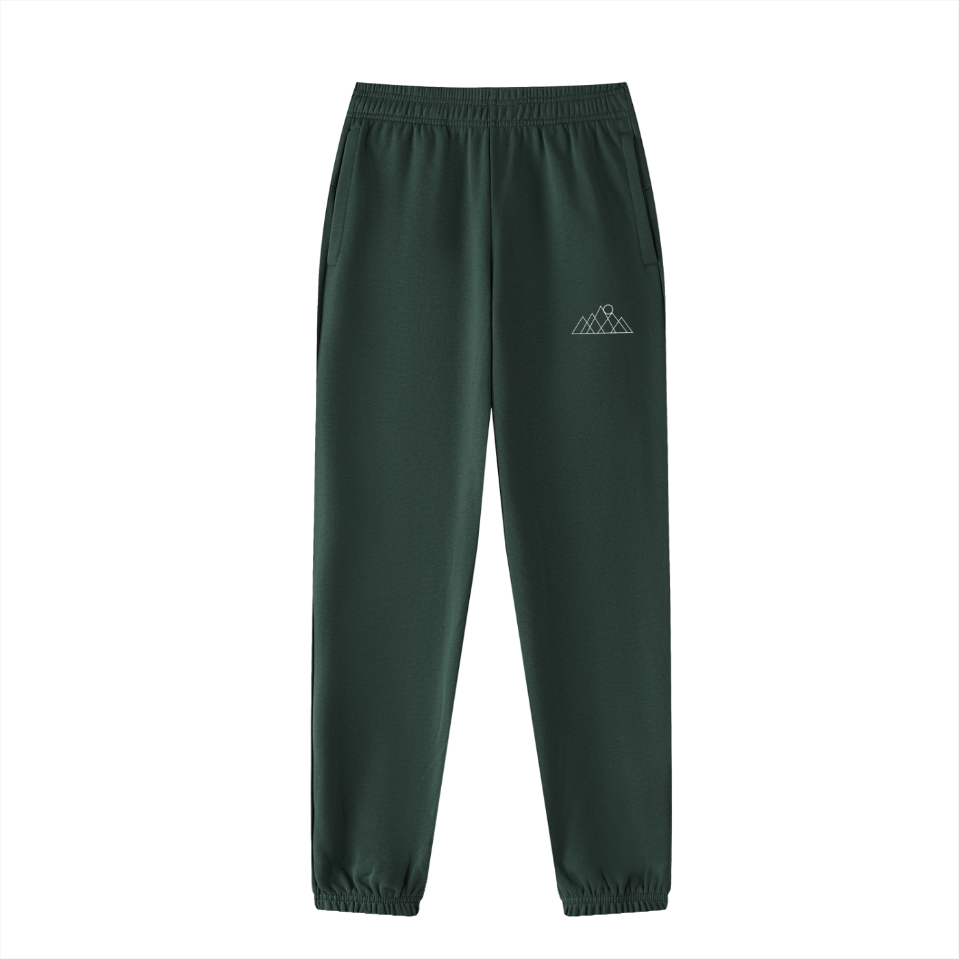 Dark green sweatpants with a white mountains and sun rising logo/symbol on a white background