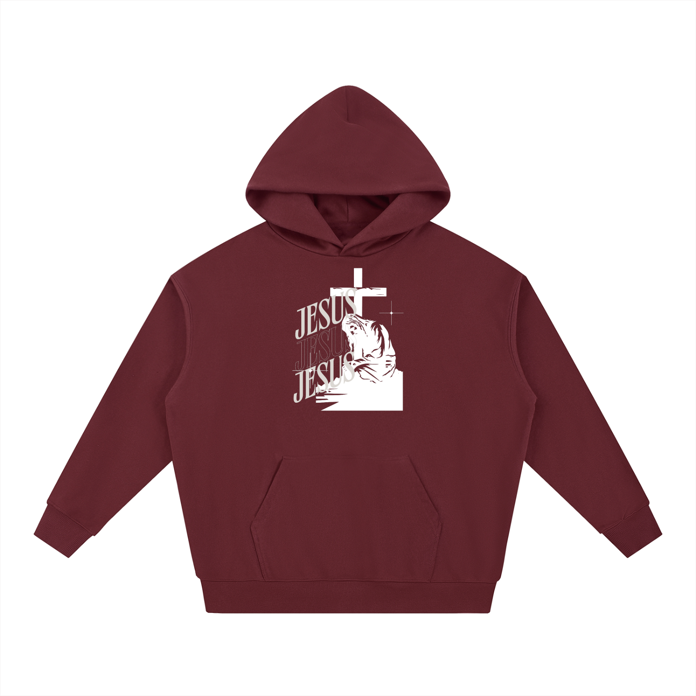 Dark red hoodie with 'Jesus' text and cross graphic on a white background