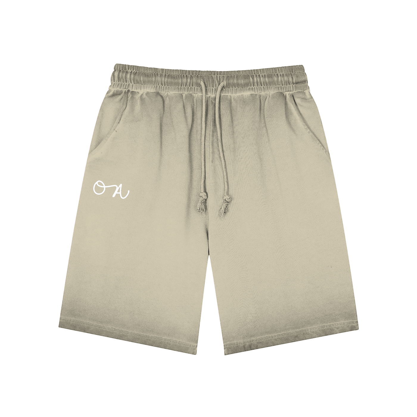 Faded Beige shorts with a logo on a white background