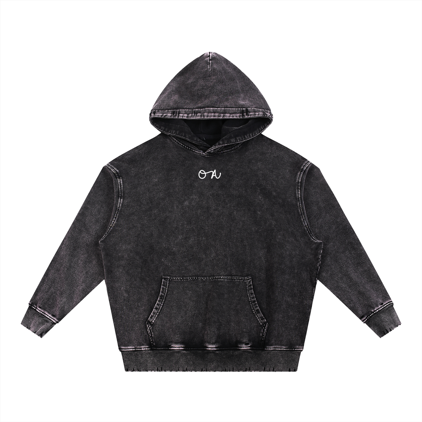 Black hoodie with an 'OA' logo on a white background