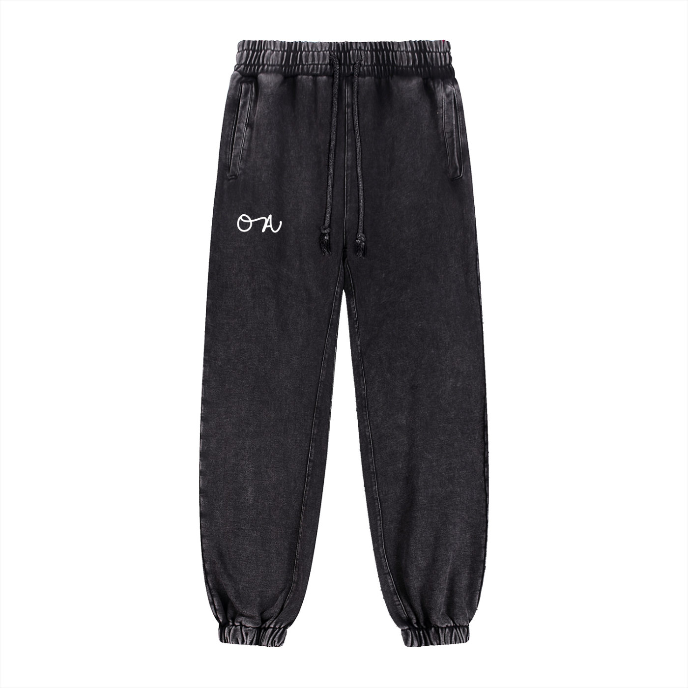 Black jogger sweatpants with an optimistic attitude logo in front of a white background