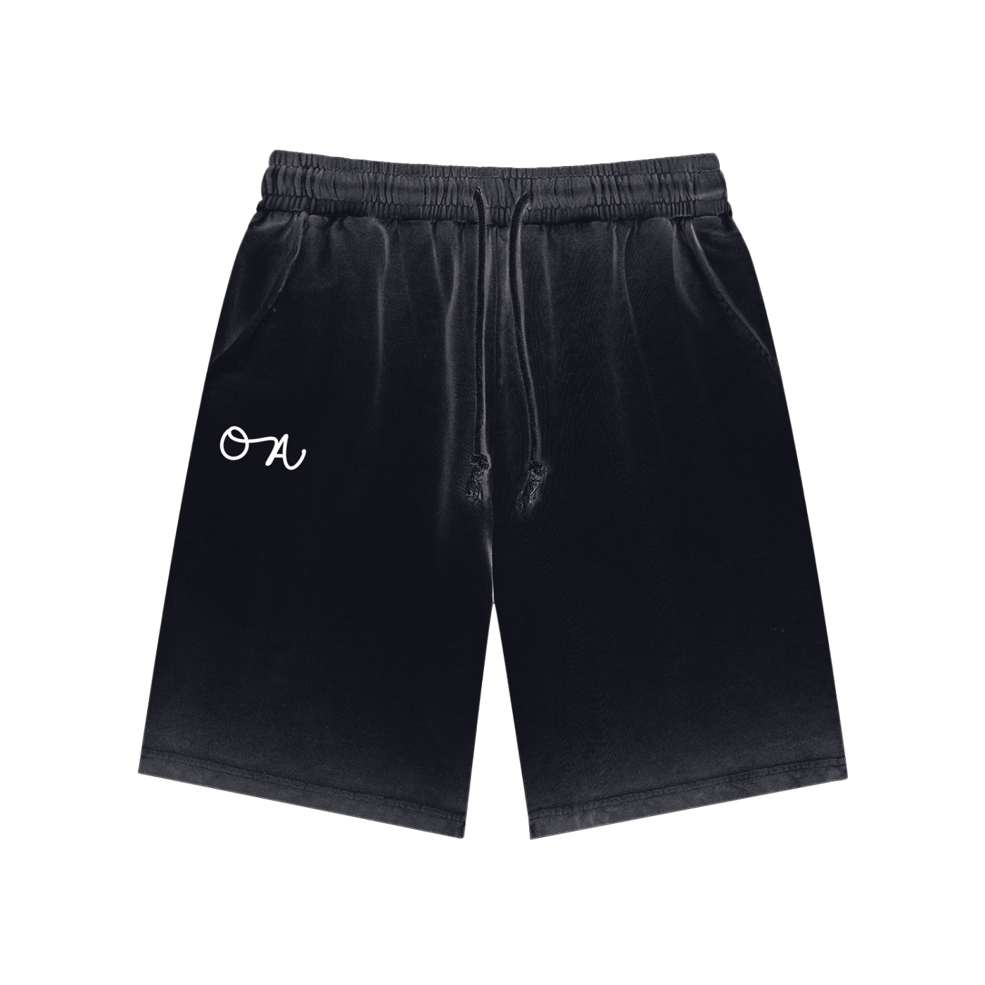 Faded Black shorts with a white 'OA' logo on a white background
