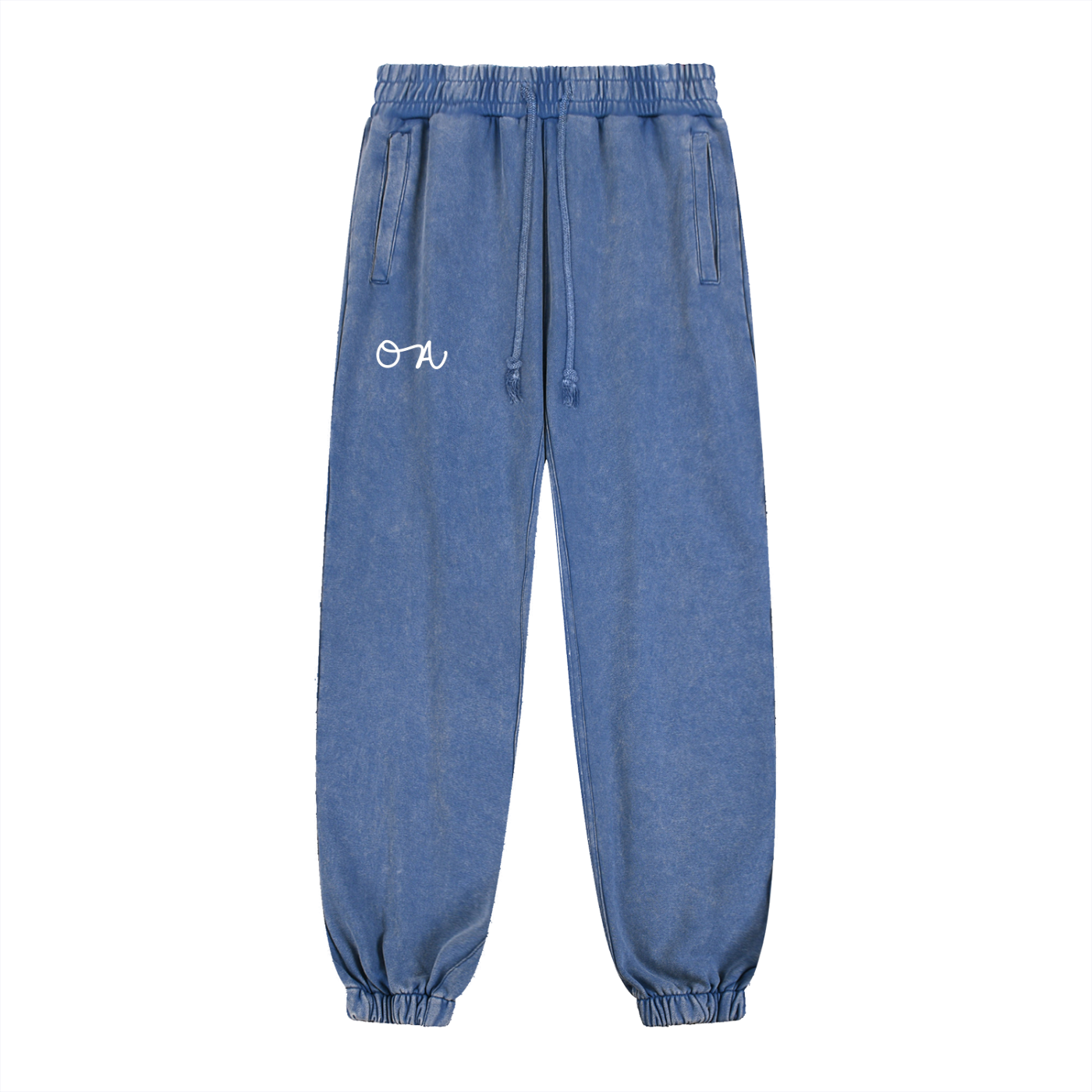 Faded Blue Sweatpants with a white 'OA' logo in front of a white background