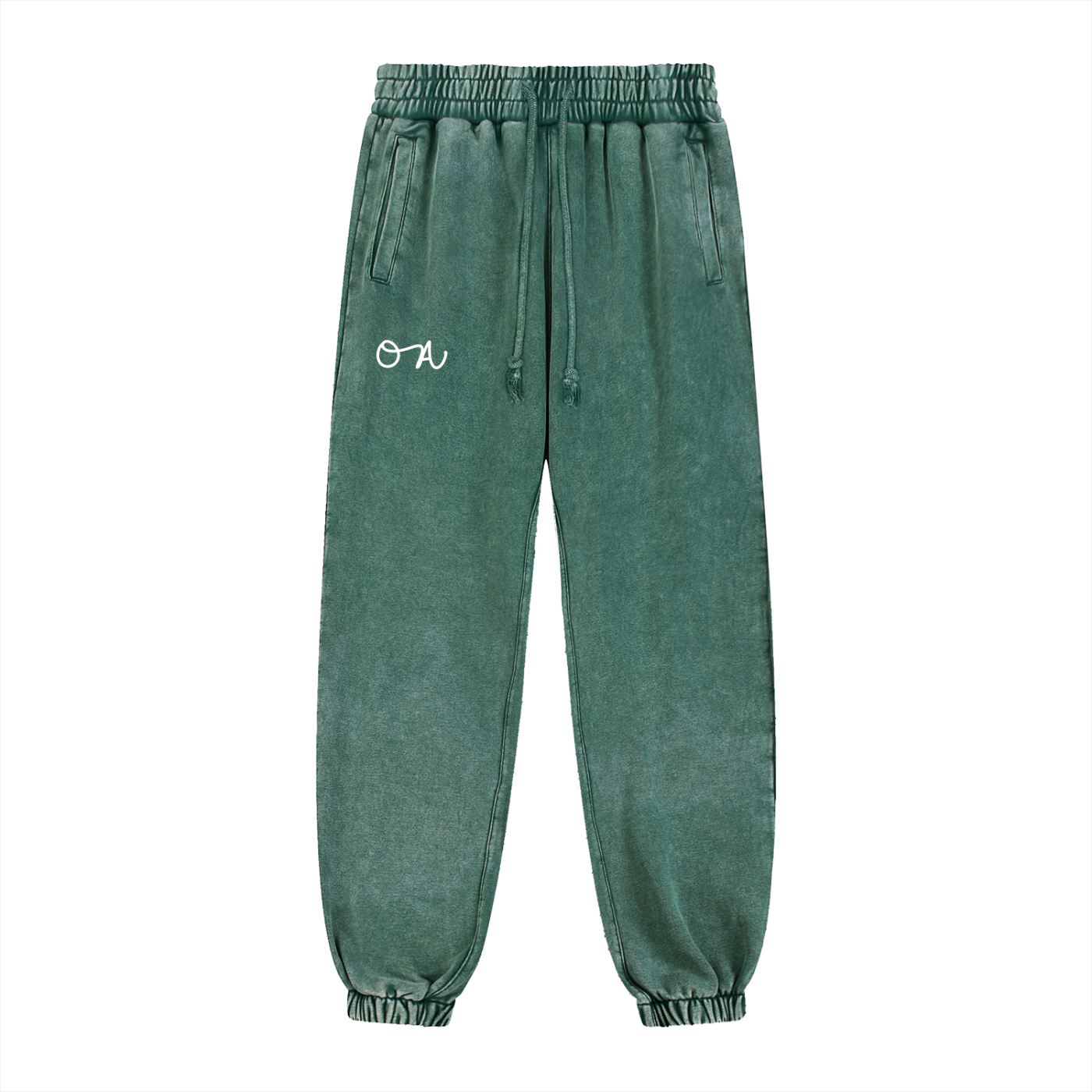 Faded Green sweatpants with an 'OA'  logo on a white background
