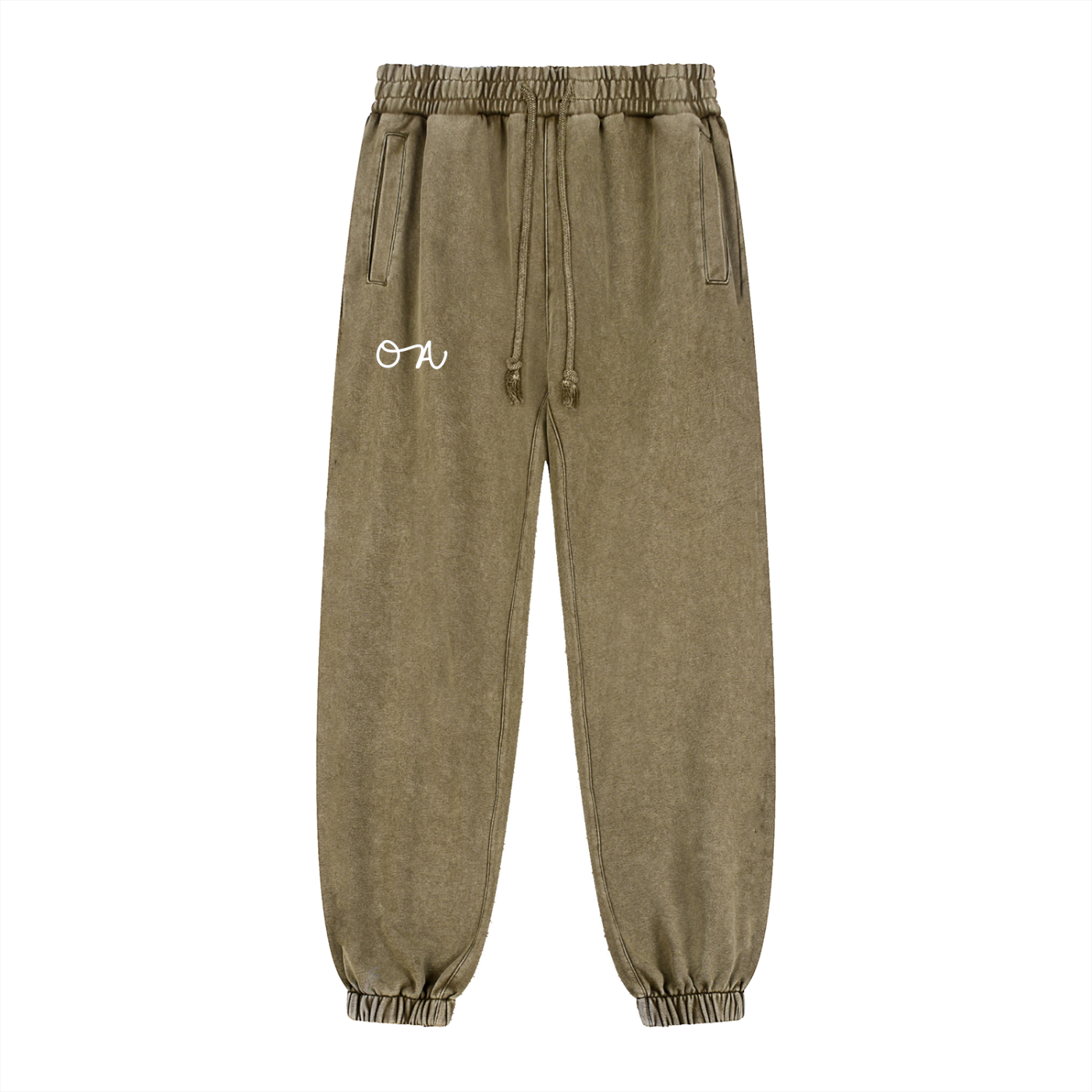 Khaki sweatpants with an 'OA' logo in front of a white background