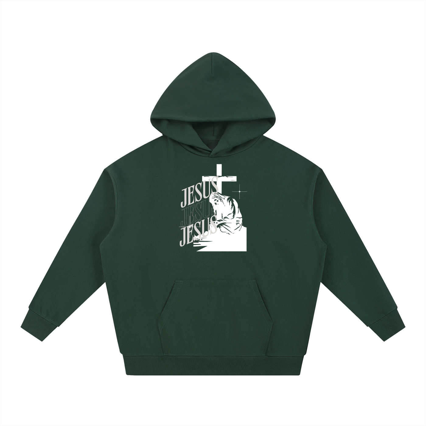 Forest Green hoodie with 'Jesus' text and cross graphic on a white background
