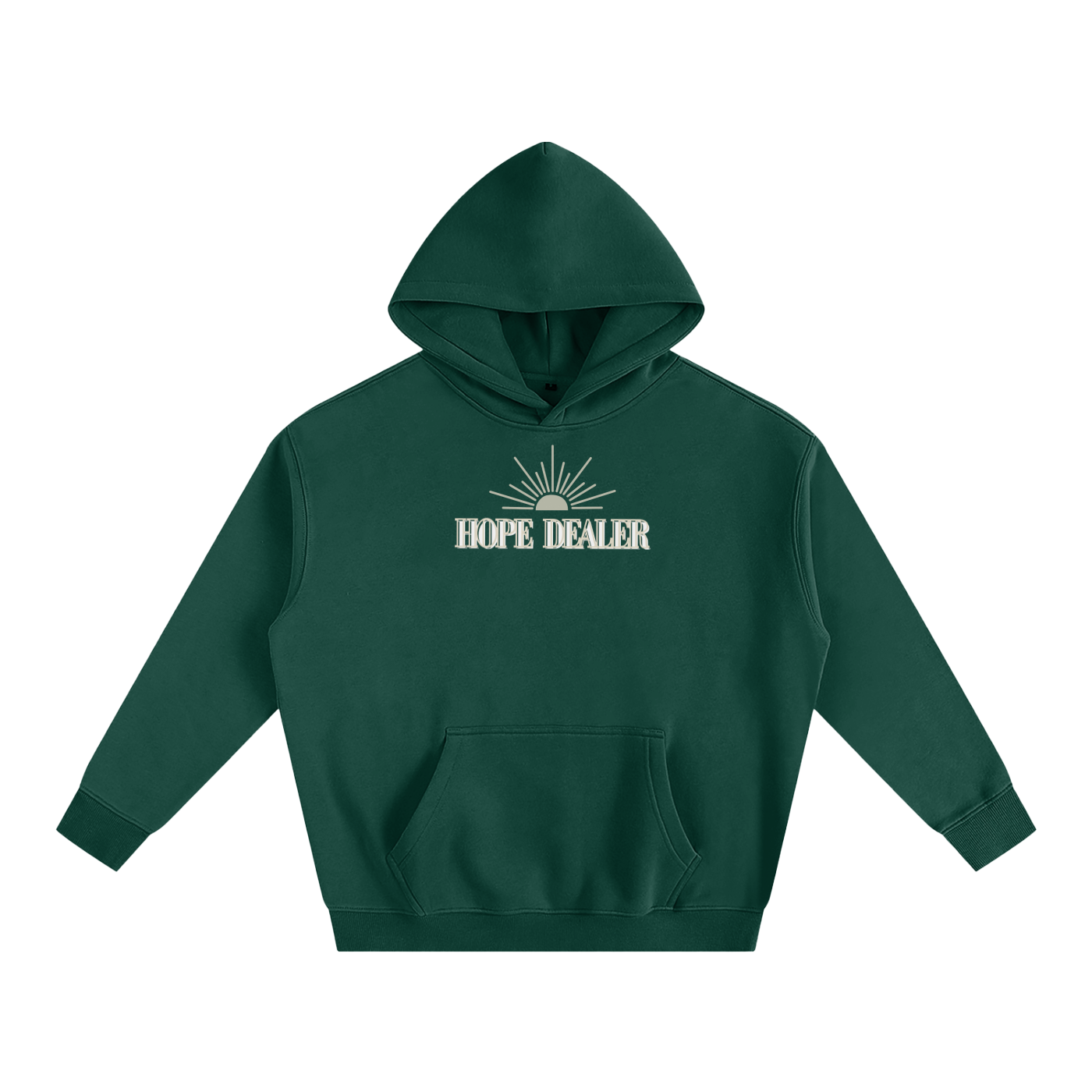 Forest Green hoodie with 'HOPE DEALER' text and sun graphic on a white background. Hope dealer text is tan and white and sun graphic is tan.