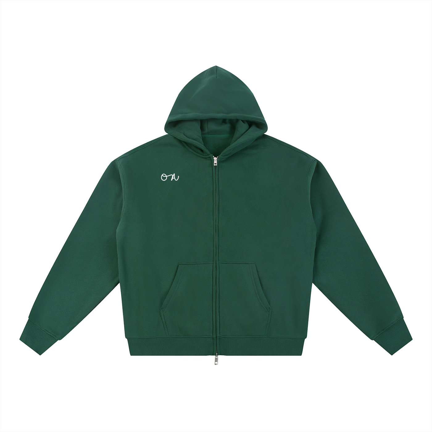 Forest Green hoodie with an 'OA' brand logo in front a white background