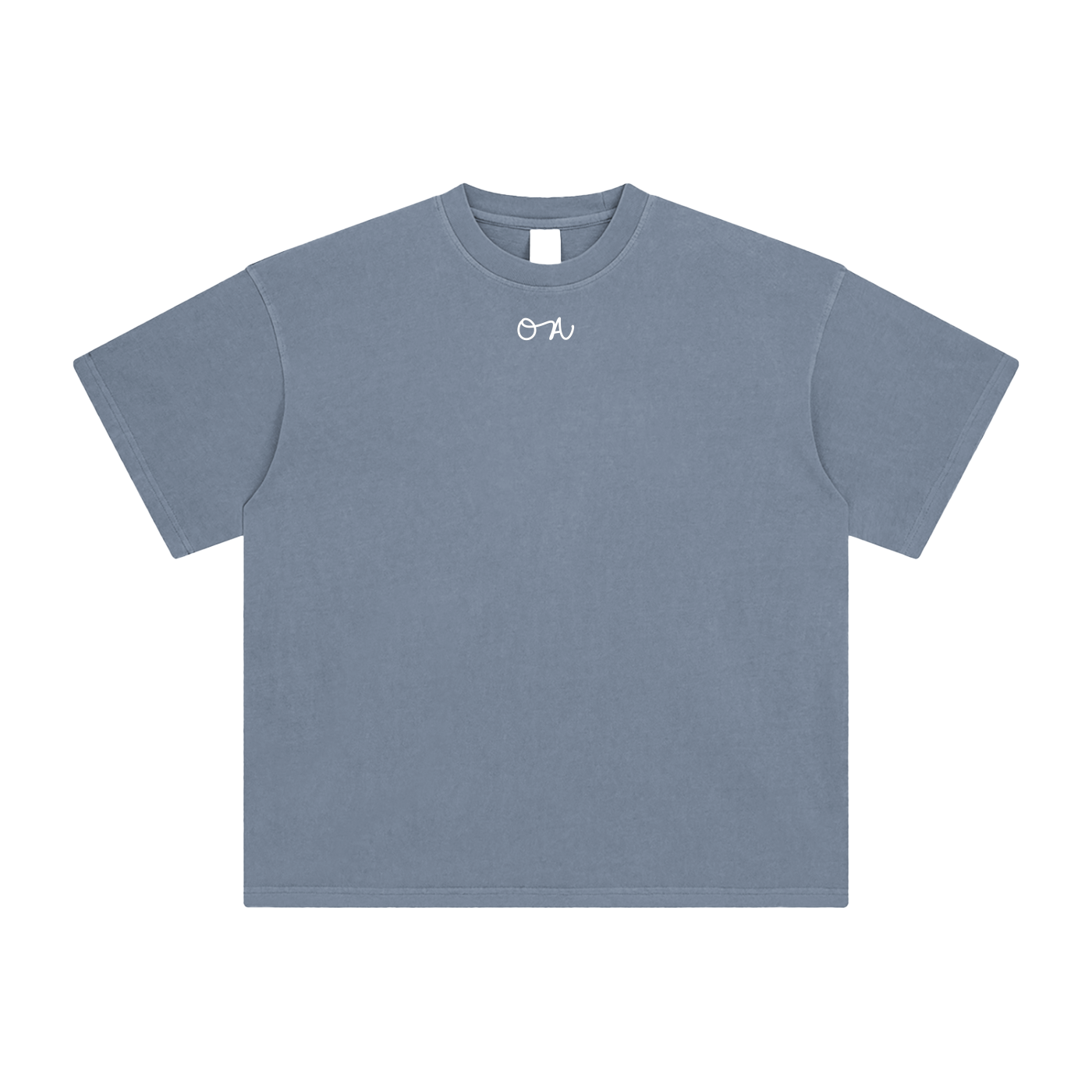 Gray blue t-shirt with a small 'OA' logo on a white background