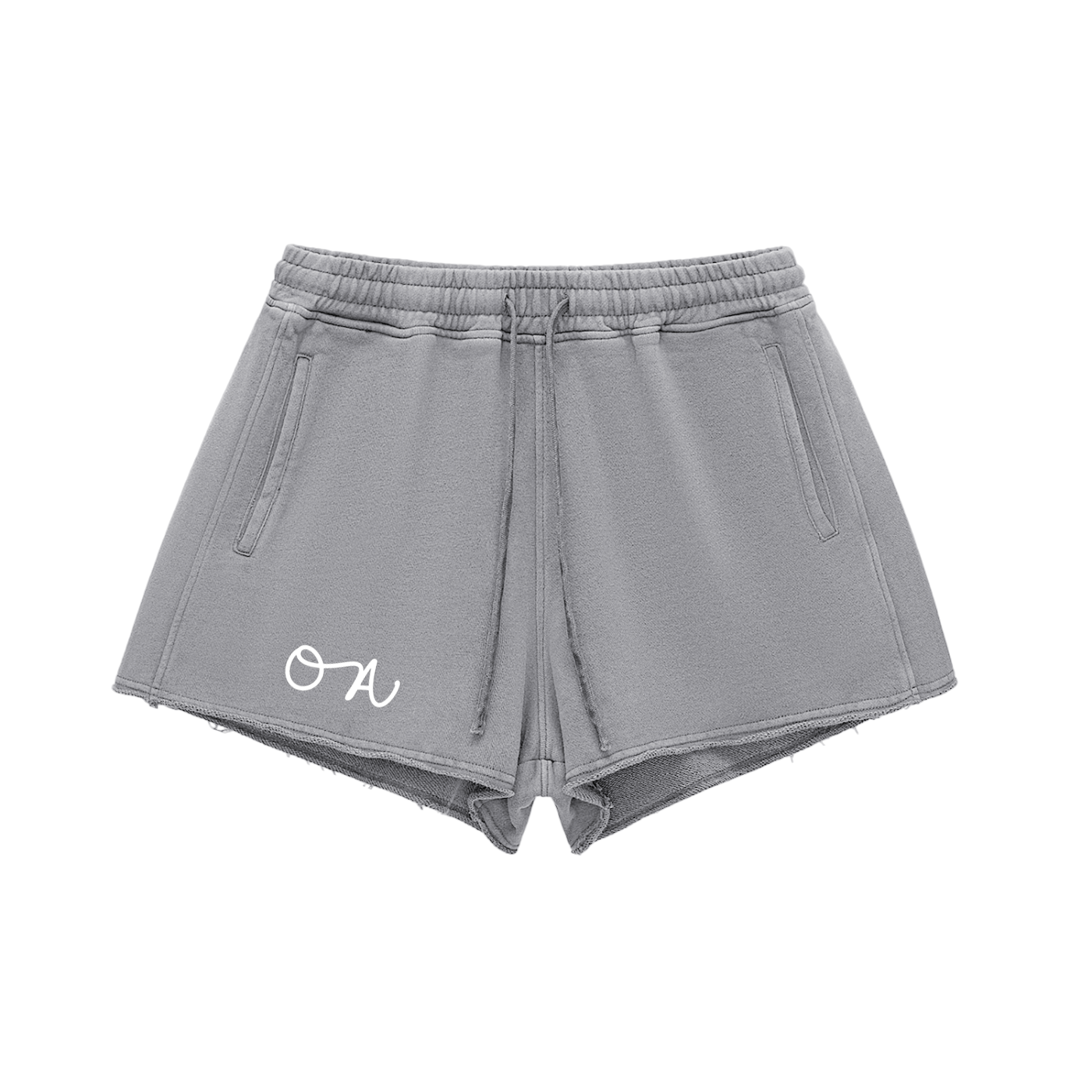 Gray shorts with a logo on a white background