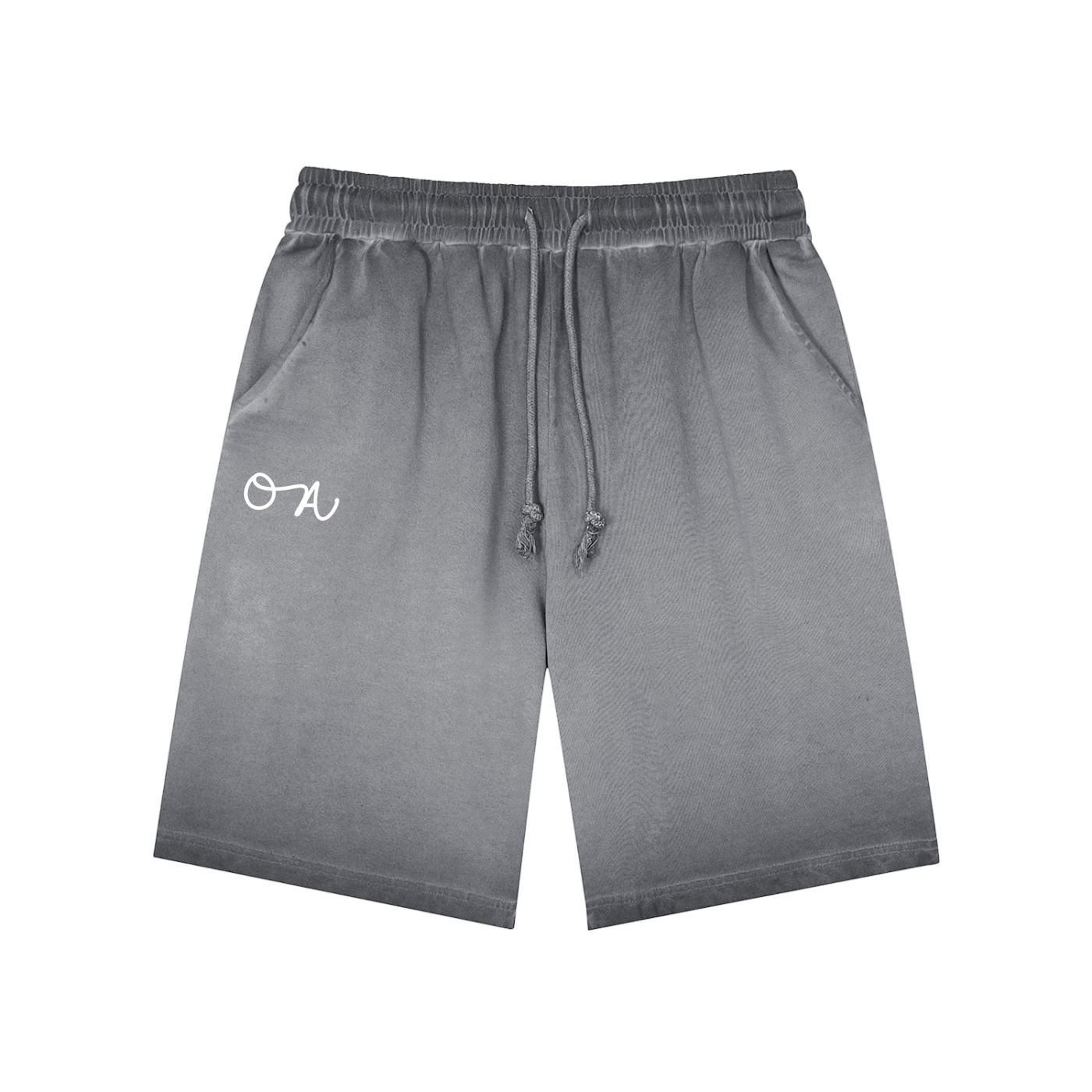 Front of Gray shorts with an 'OA' logo on a white background
