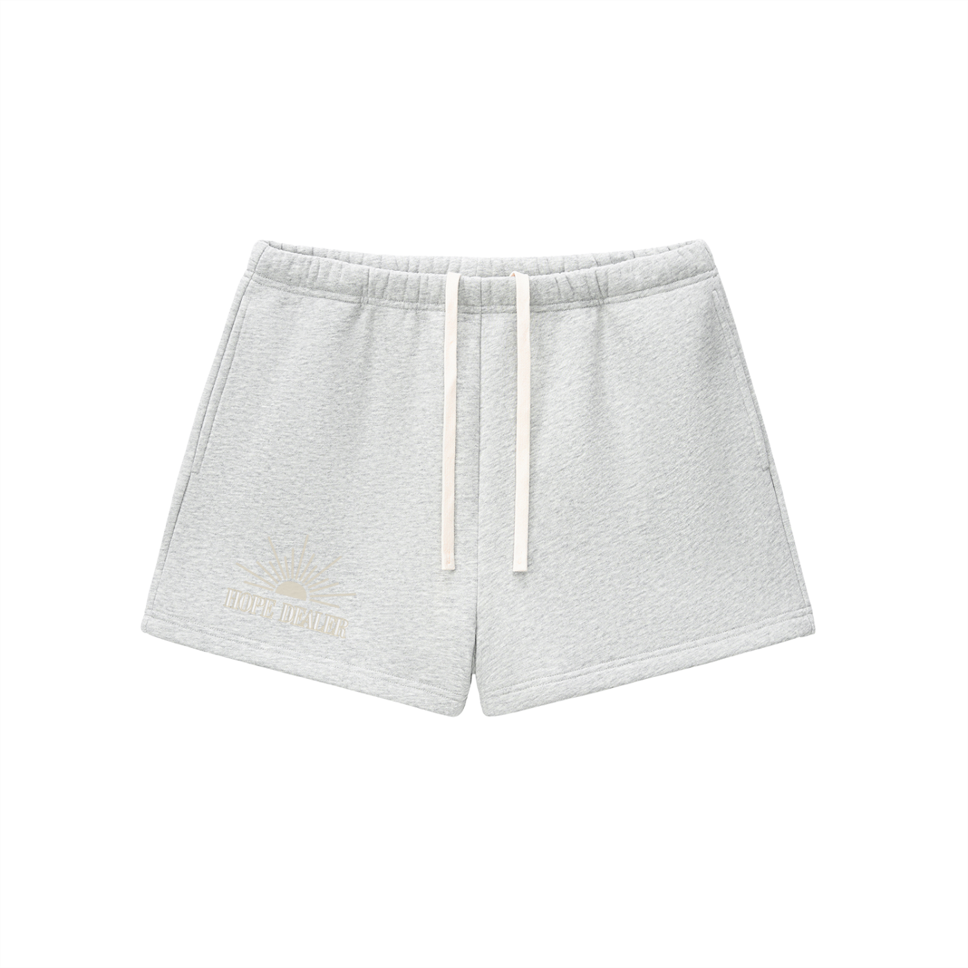 Gray shorts with white drawstrings on a white background. Hope dealer text and sun graphic.