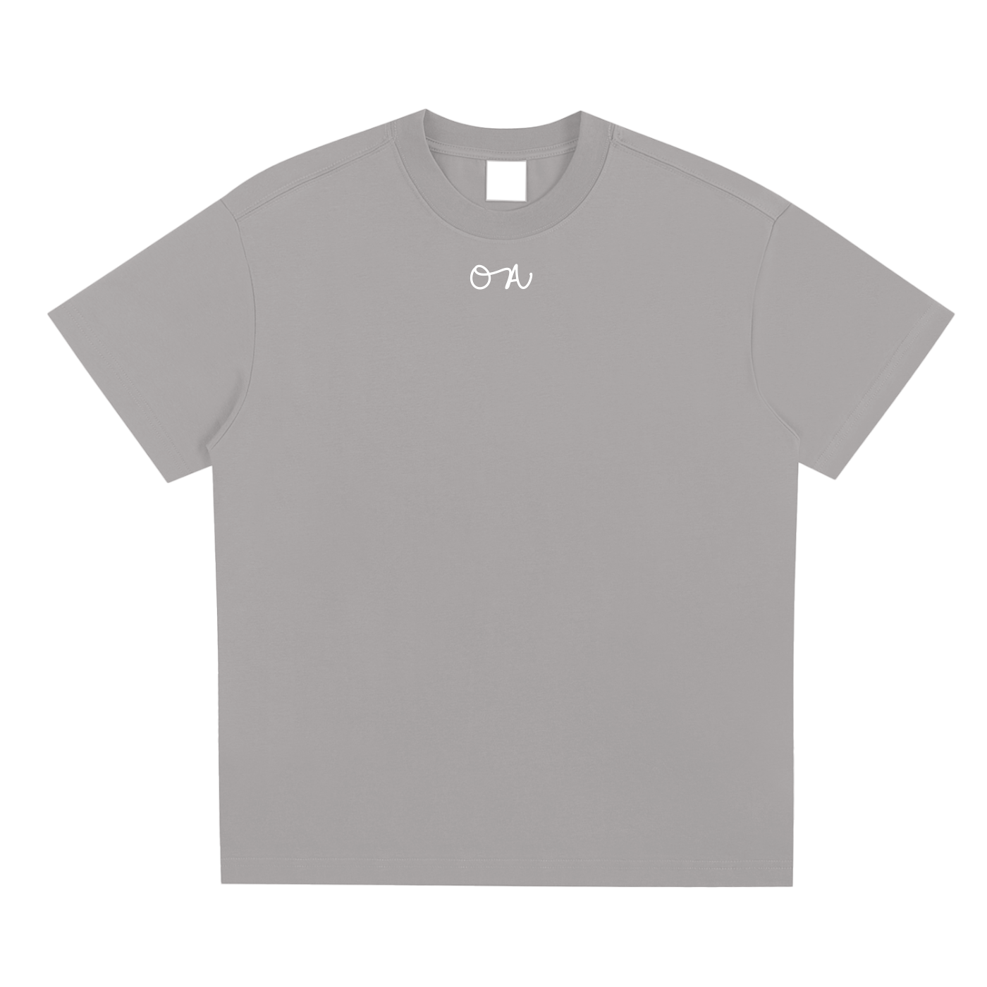 Gray t-shirt with 'oa' white logo on a white background