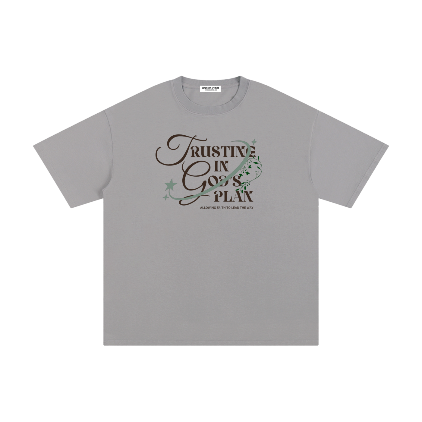 Gray t-shirt with 'Trusting in God's Plan' text and floral design on a white background