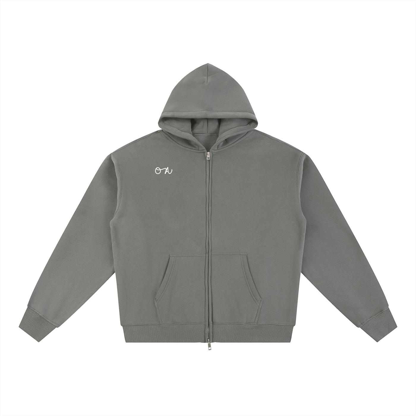 Front of gray zip up jacket with 'OA' logo in front of a white background
