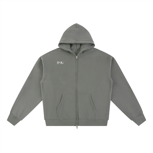 Front of gray zip up jacket with 'OA' logo in front of a white background