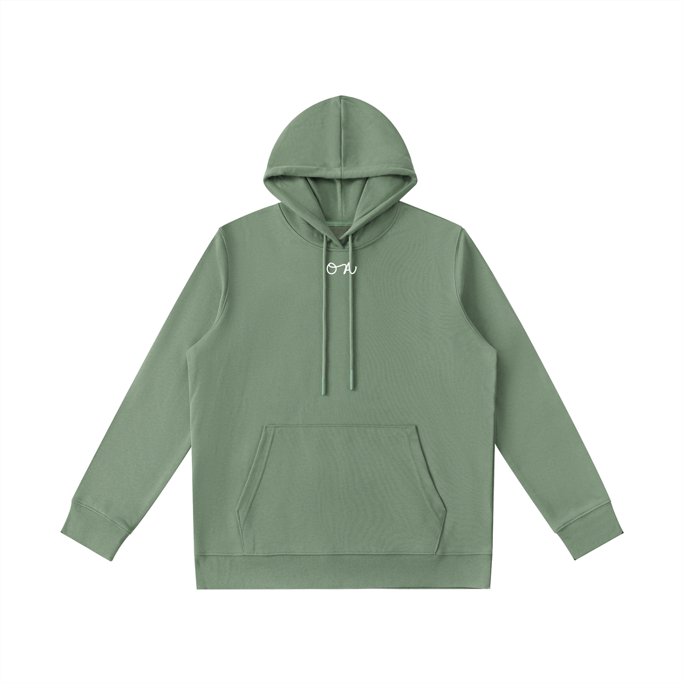 Green hoodie with an "OA' on a white background