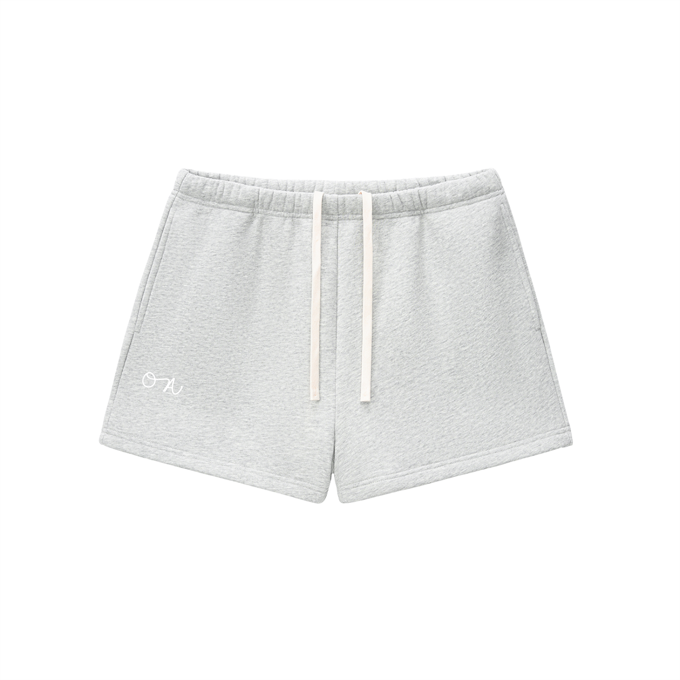 Heather gray sweat shorts with white drawstrings and an 'OA' logo in front of a white background