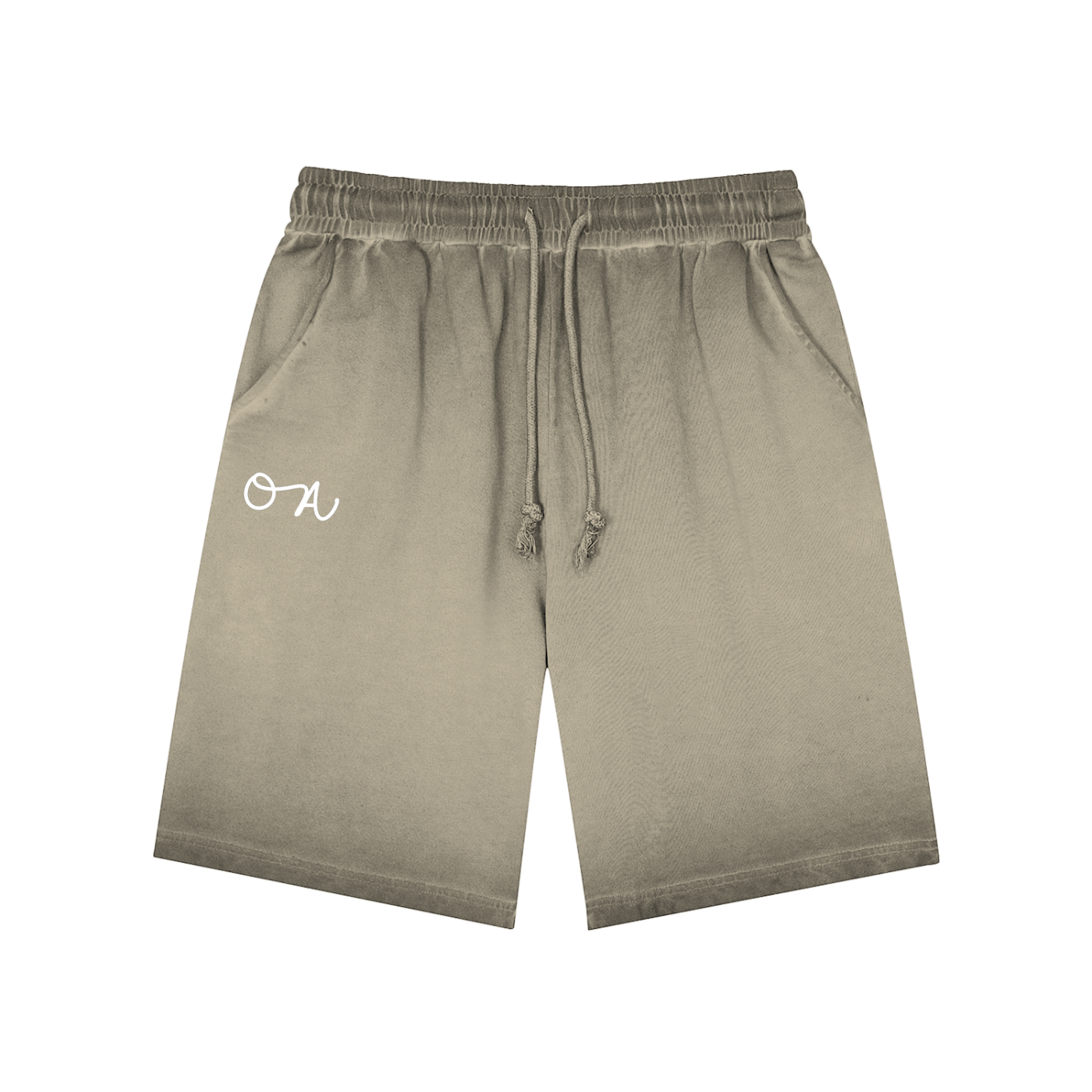 Faded Khaki shorts with an 'OA' logo on a white background