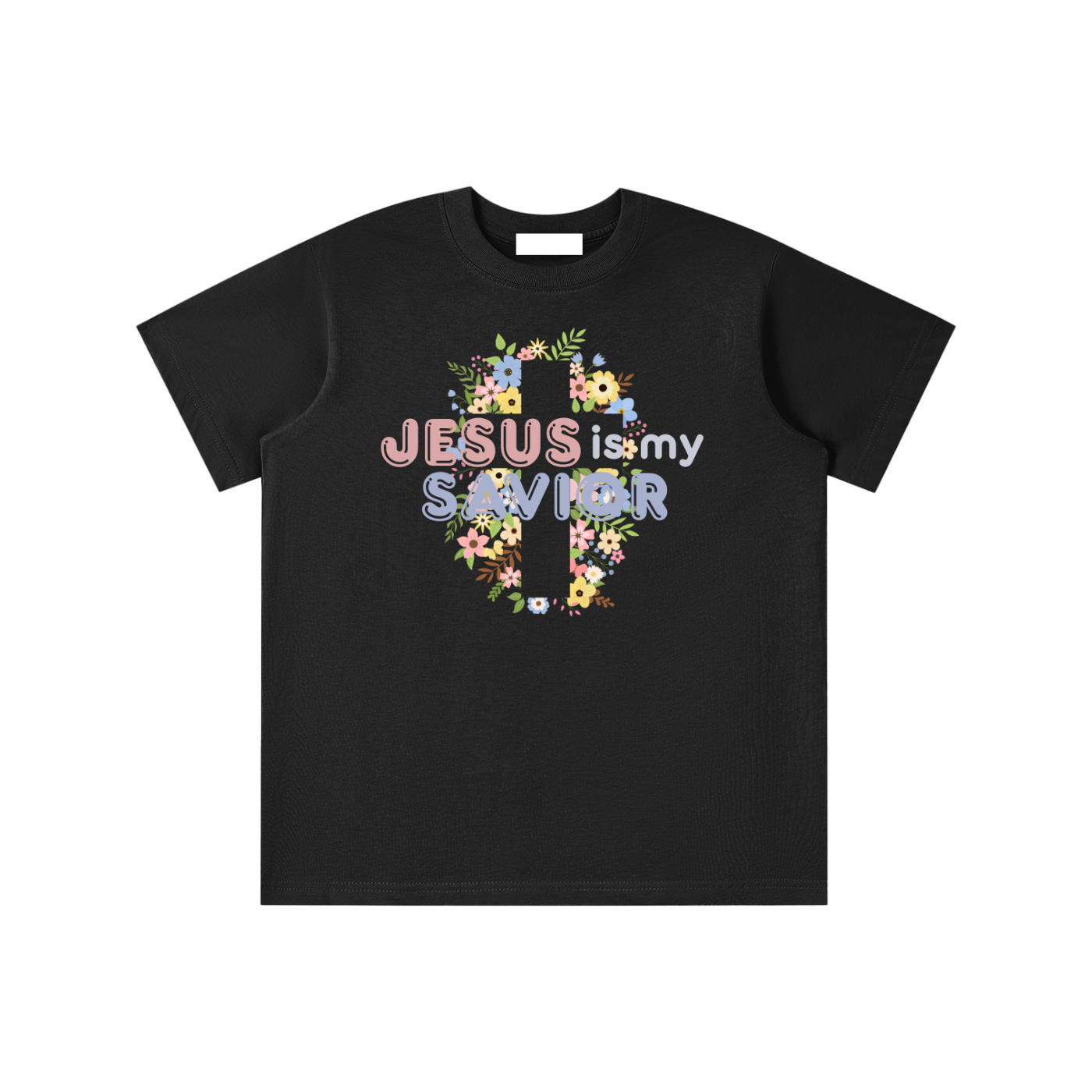 Black t-shirt with 'Jesus is my savior' text and floral cross design- colors consist of yellow, purple, green, pink, light brown on a white background