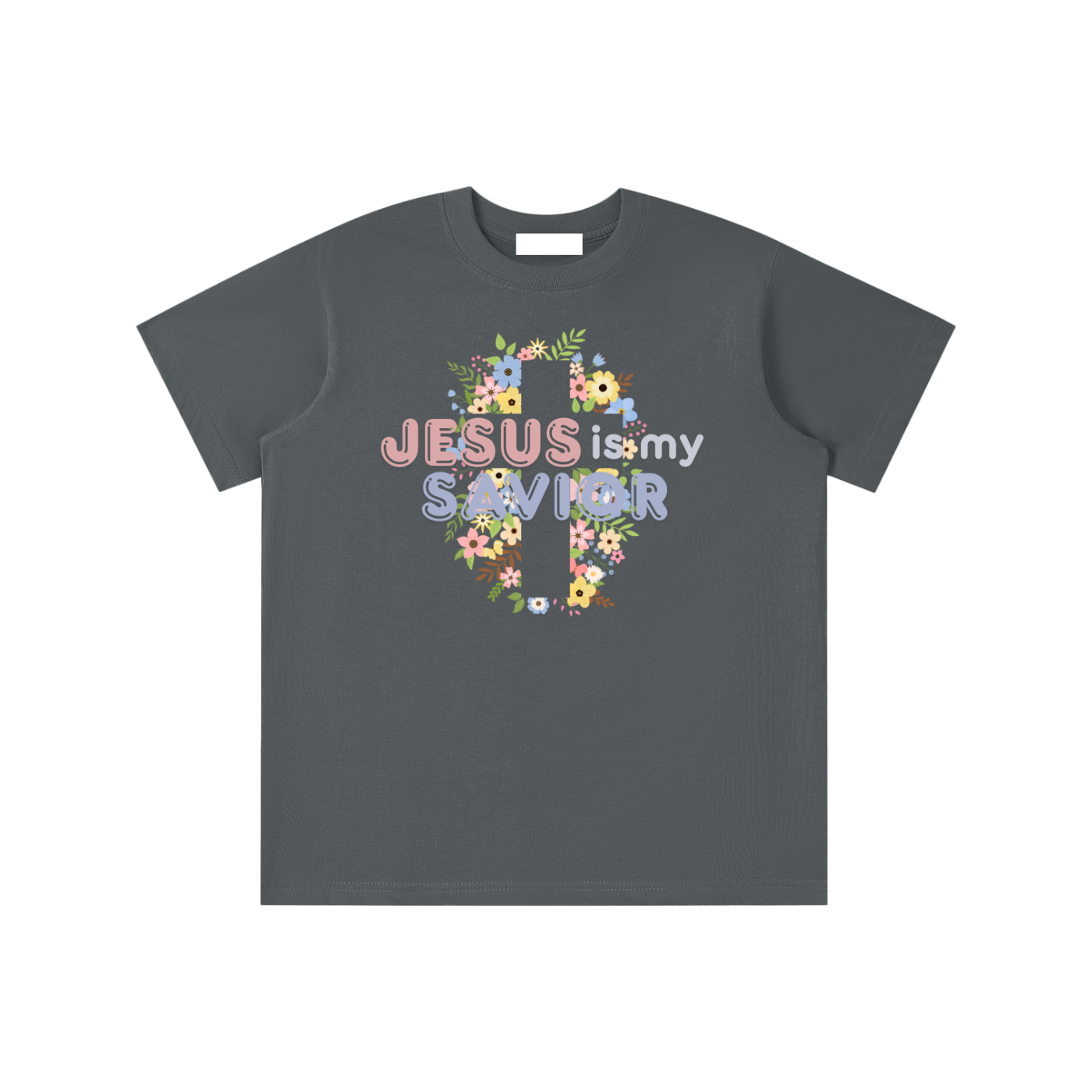 Gray t-shirt with 'Jesus is my savior' design on a white background