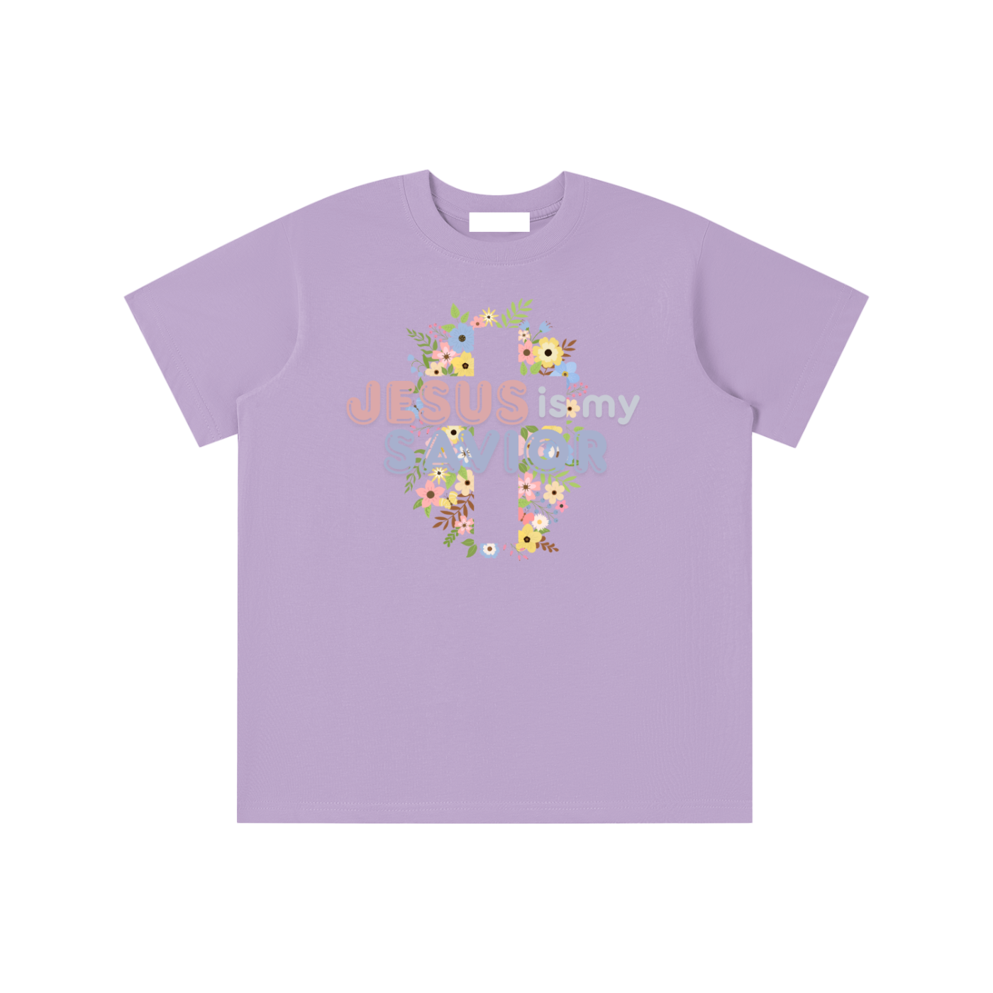 Purple t-shirt with 'Jesus is my savior' text and floral cross design- colors consist of yellow, purple, green, pink, light brown on a white background