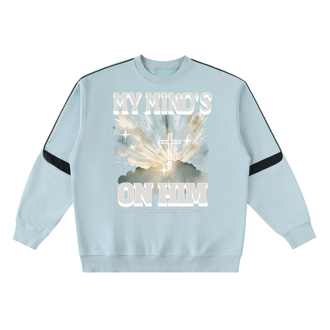 Front of light blue long sleeve crewneck sweatshirt with black detailing on the sleeves and a graphic design in the front of a white background. The graphic design consists of bright golden hues, with a cloud cross, and text. Text says "My minds on him. He is the way, the truth, and the life."