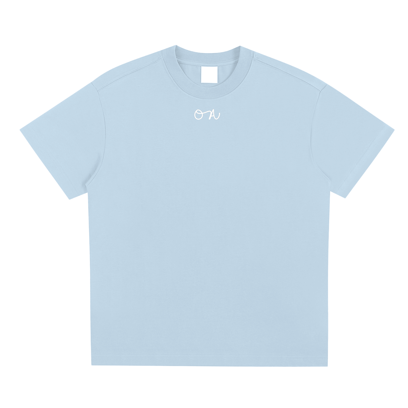 Light blue t-shirt with 'oa' logo in front of a white background