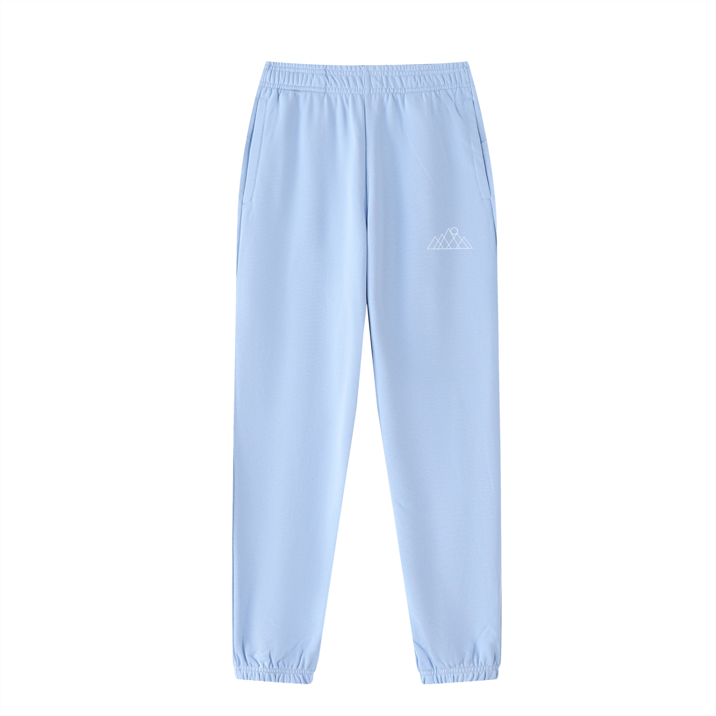 Light Blue sweatpants with a white mountains and sun rising logo/symbol on a white background