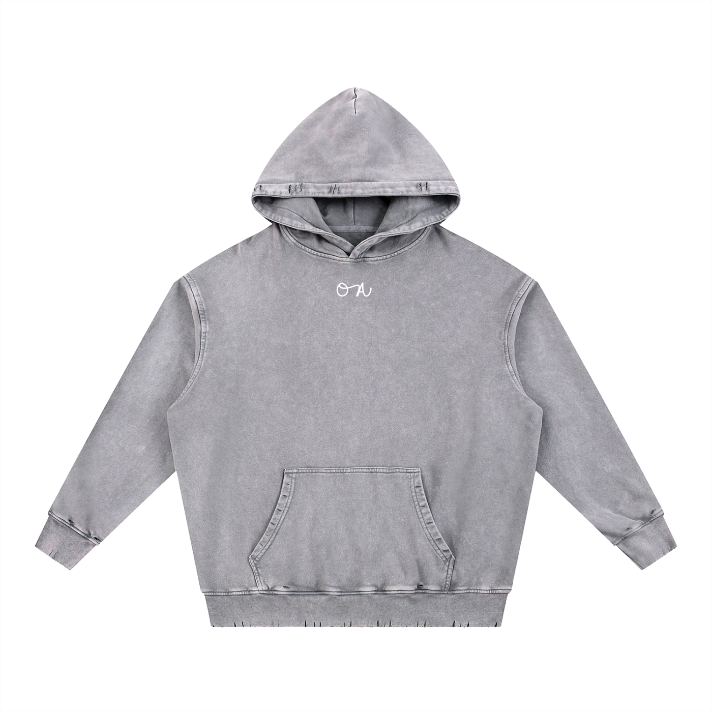 Gray hoodie with an 'OA' logo on a white background