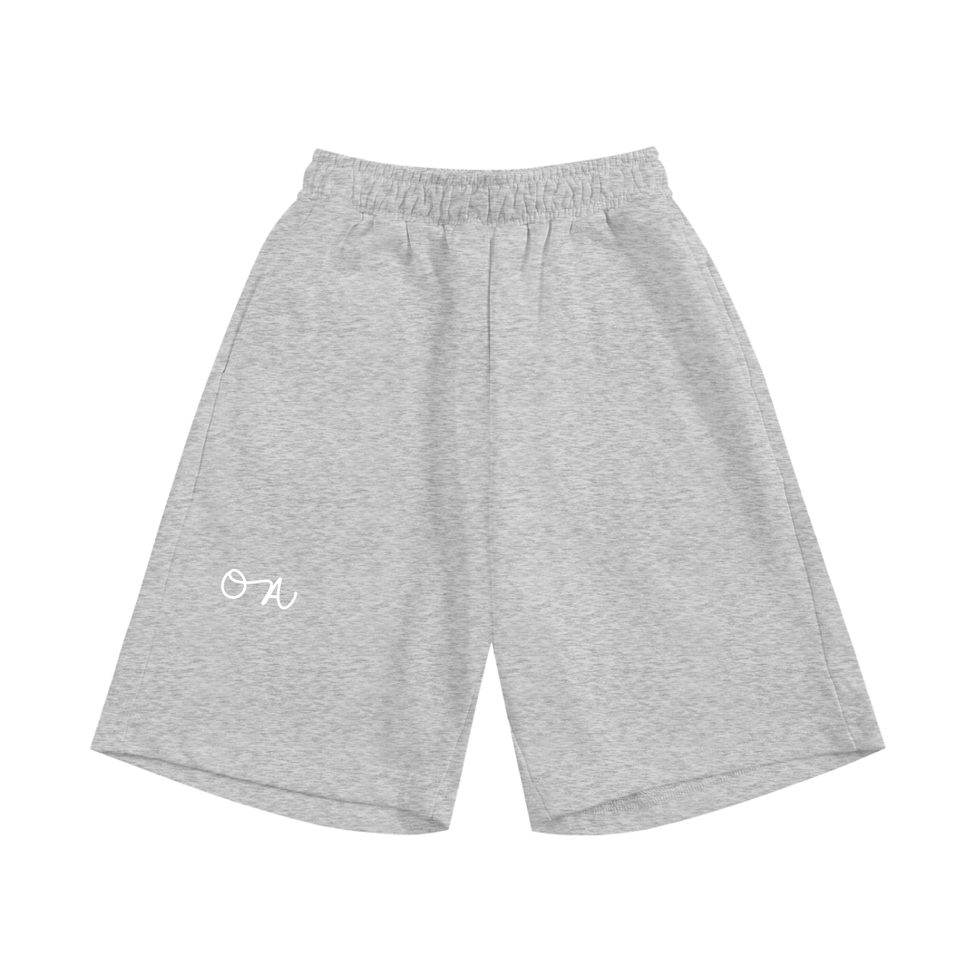 Gray shorts with a white logo on a white background