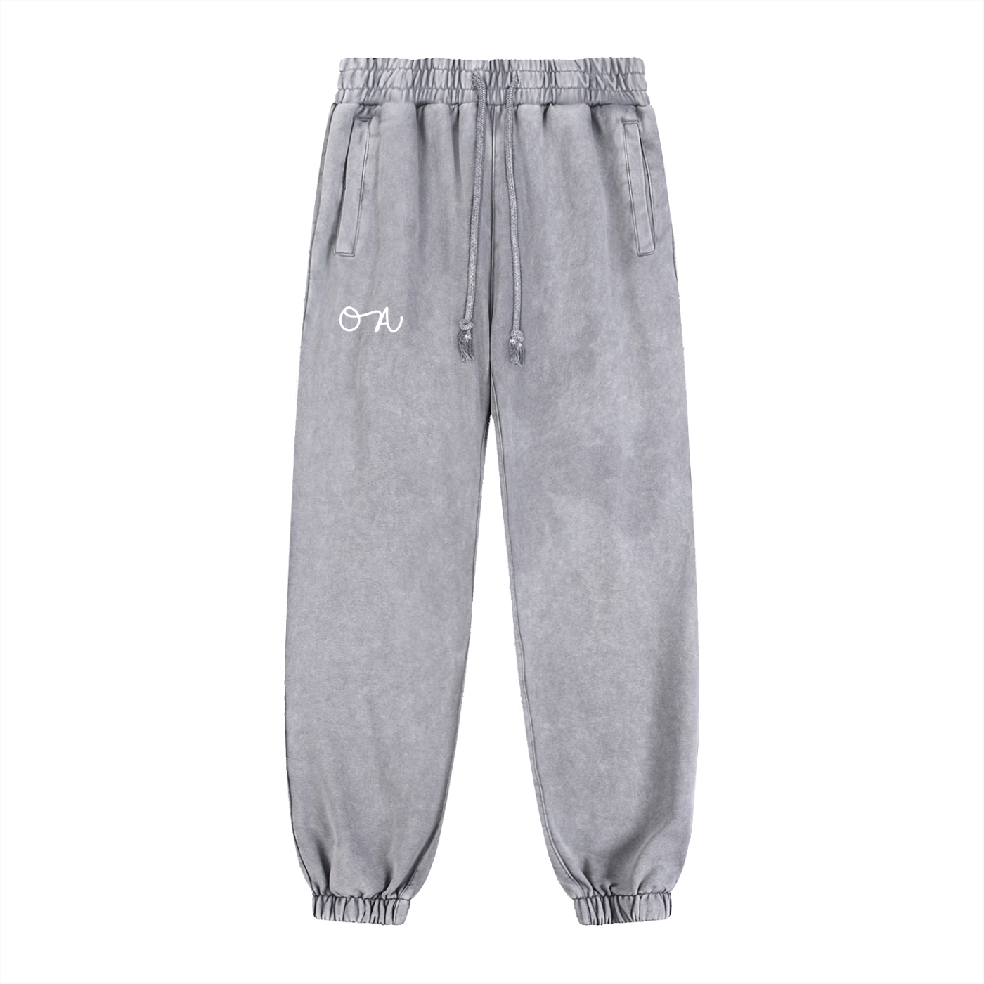 Light gray sweatpants with an 'OA' logo on a white background