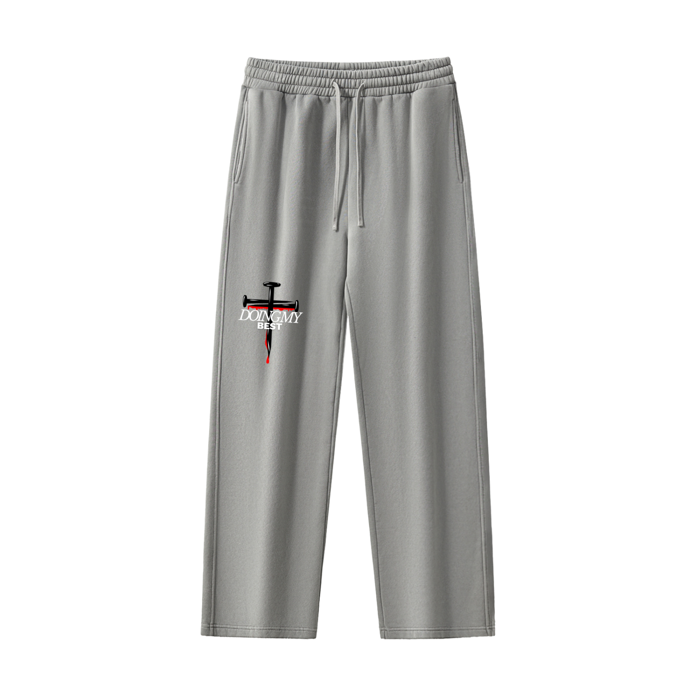 Light Gray sweatpants with a cross design and 'doing my best' text in front of a white background.