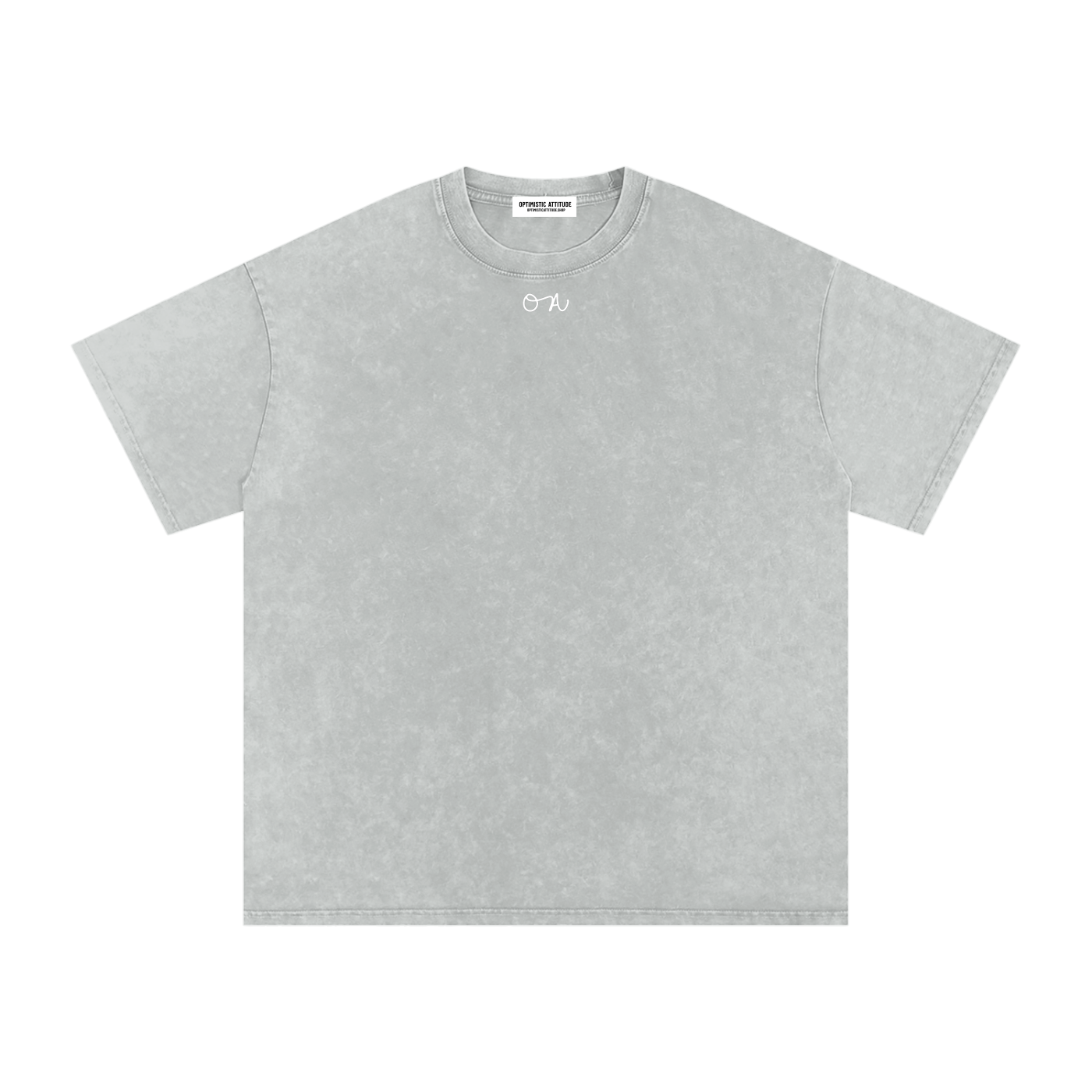 Front of light gray t-shirt with a white 'oa' logo in front of a white background.