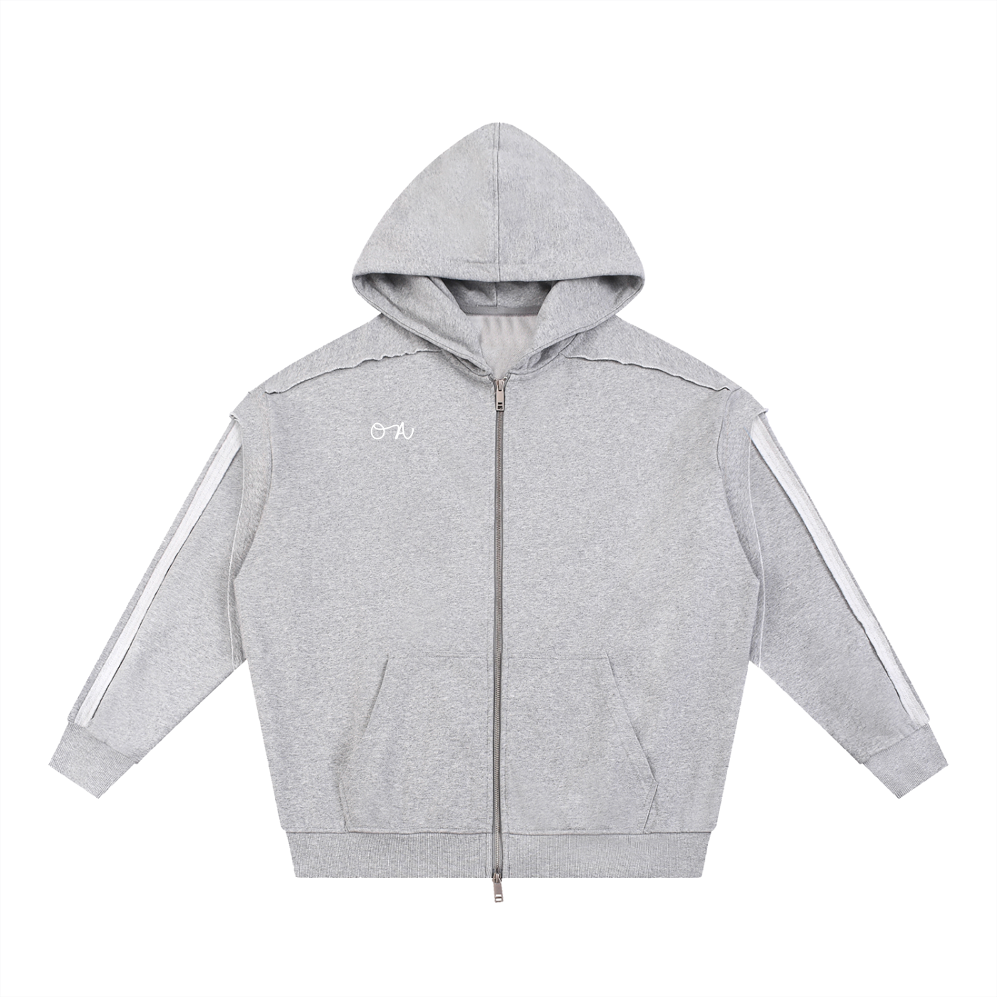 Light Gray zip up hoodie with white stripes on sleeves and an 'oa' logo in white in front of a white background
