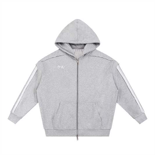Light Gray zip up hoodie with white stripes on sleeves and an 'oa' logo in white in front of a white background