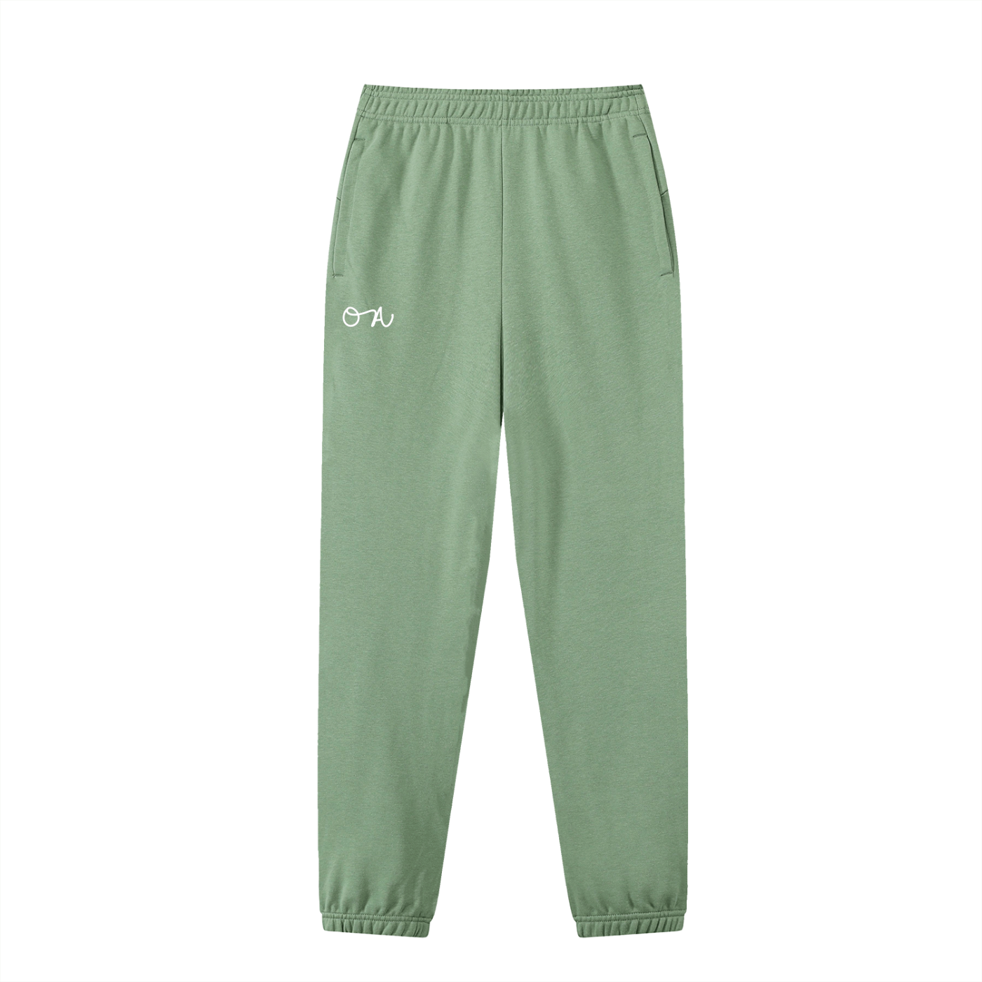 Front of light green cuffed sweatpants/joggers with an oa logo in white in front of a white background.