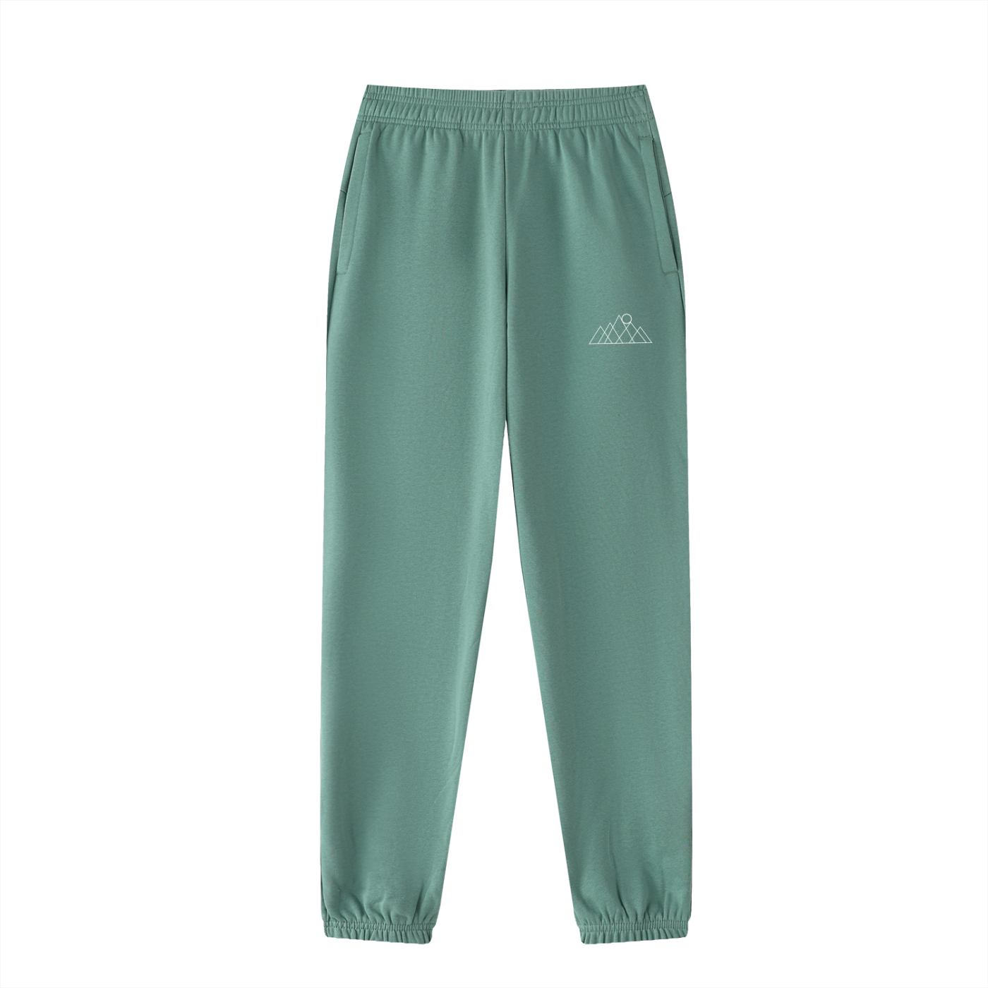 Light green teal sweatpants with a white mountains and sun rising logo/symbol on a white background