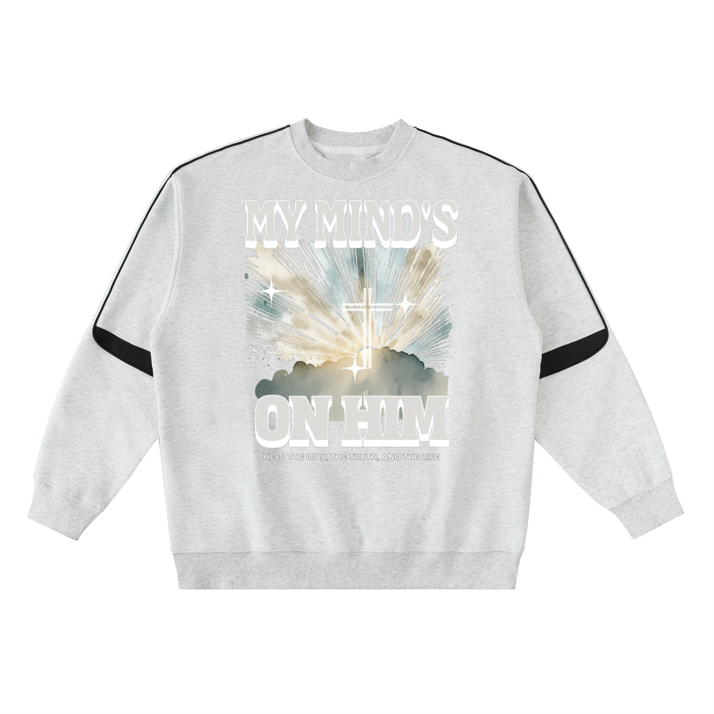 Front of light heather gray long sleeve crewneck sweatshirt with black detailing on the sleeves and a graphic design in the front of a white background. The graphic design consists of bright golden hues, with a cloud cross, and text. Text says "My minds on him. He is the way, the truth, and the life."