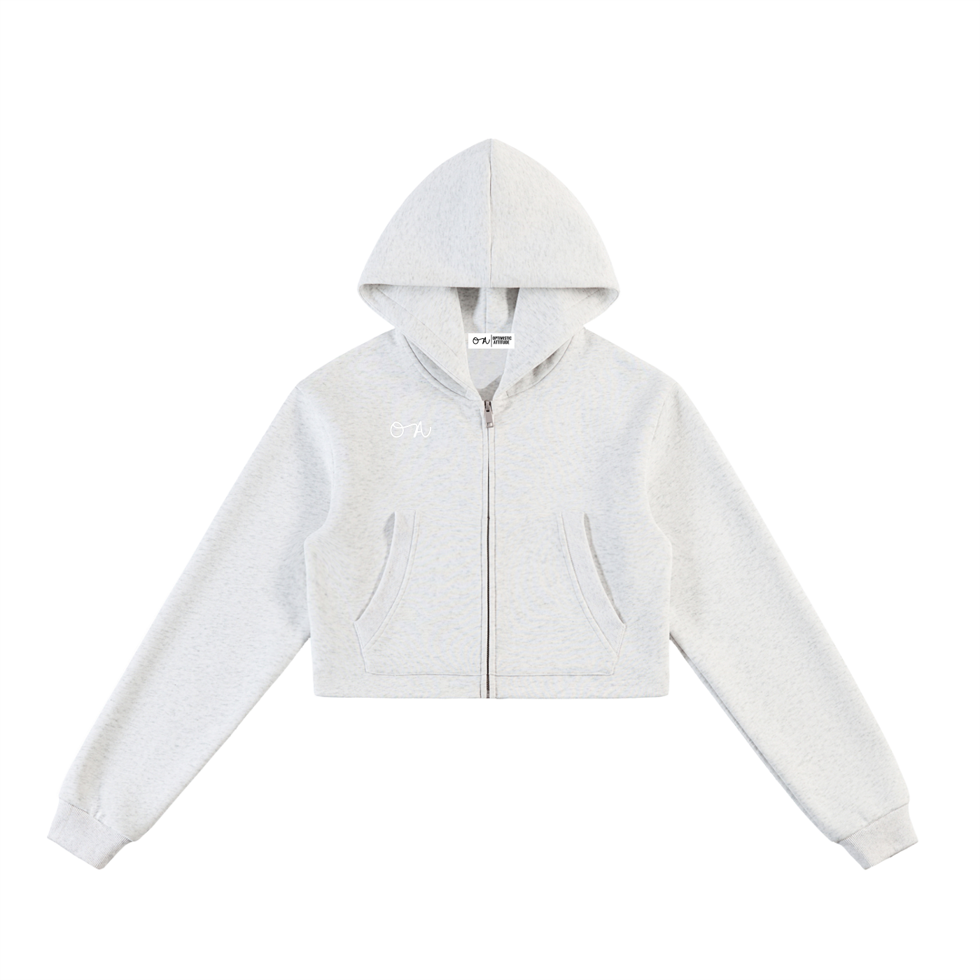 Front of light heather gray cropped zip up hoodie with a white oa logo in front of a white background.