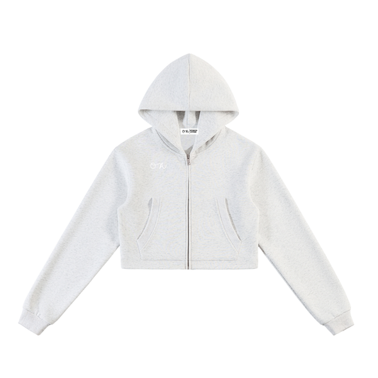 Front of light heather gray cropped zip up hoodie with a white oa logo in front of a white background.