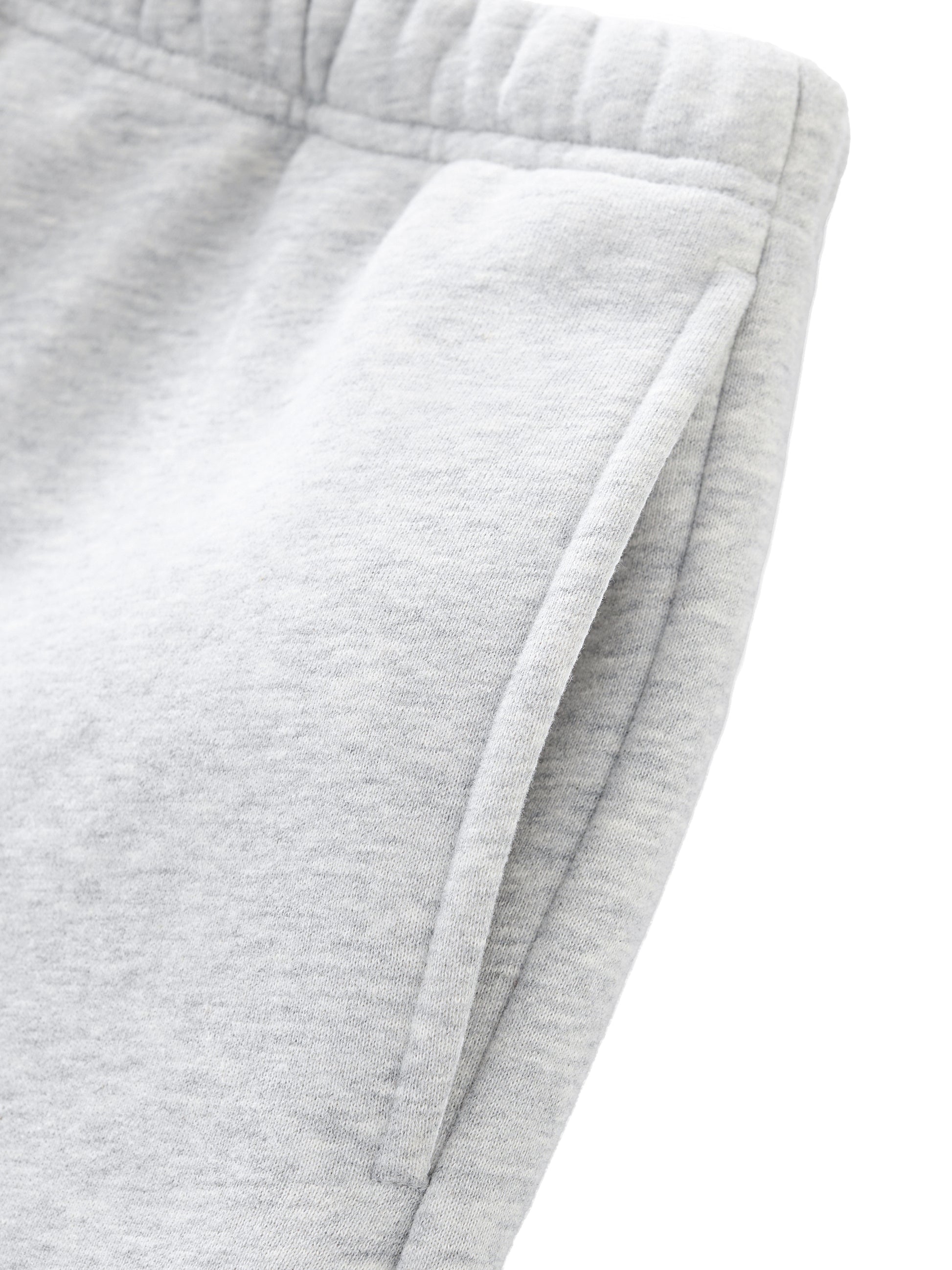 Close-up of gray sweatpants in front of a white background