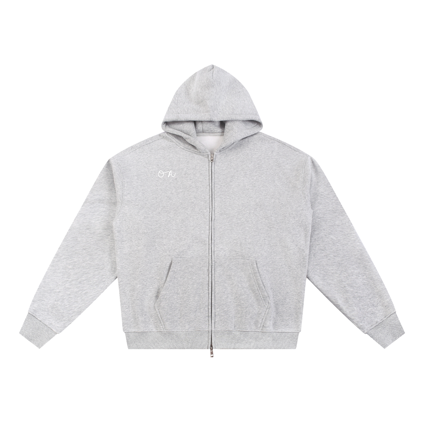 Front of light heather gray hoodie with an 'OA' logo in front of a white background