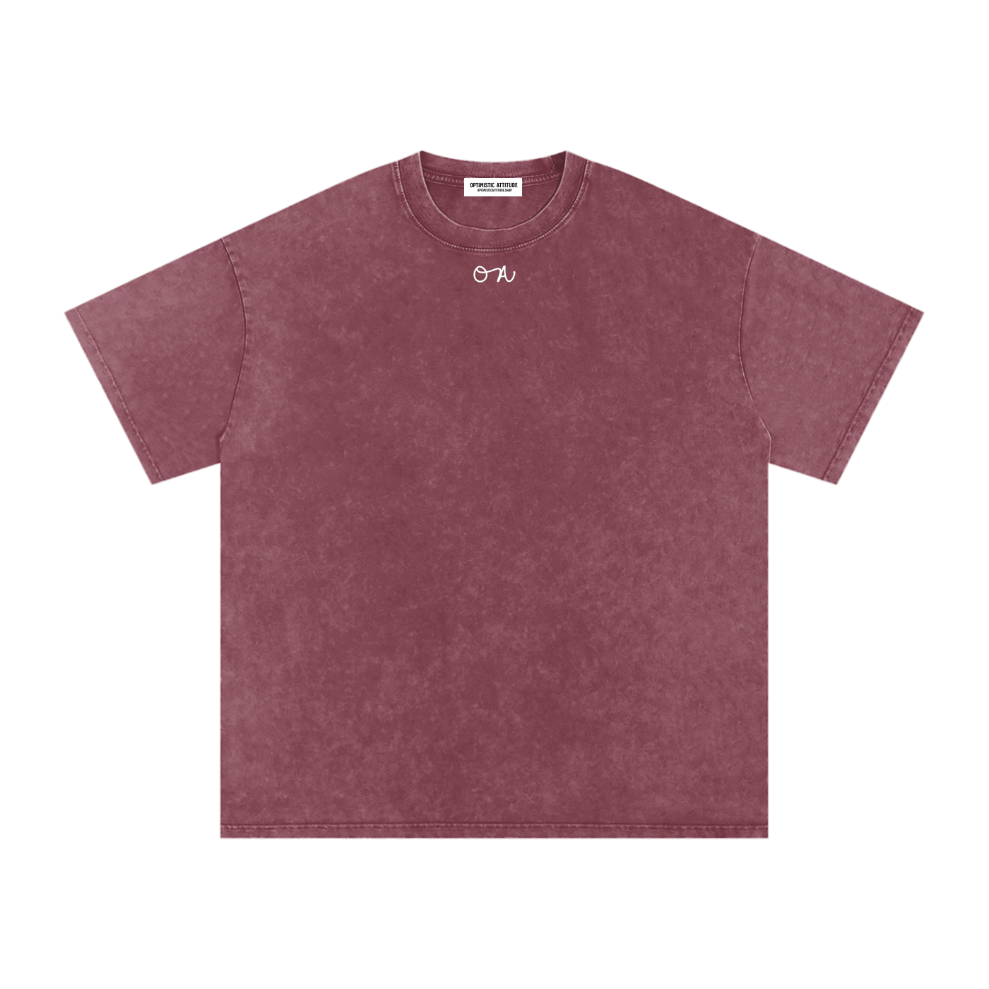 Front of light maroon t-shirt with a white 'oa' logo in front of a white background.