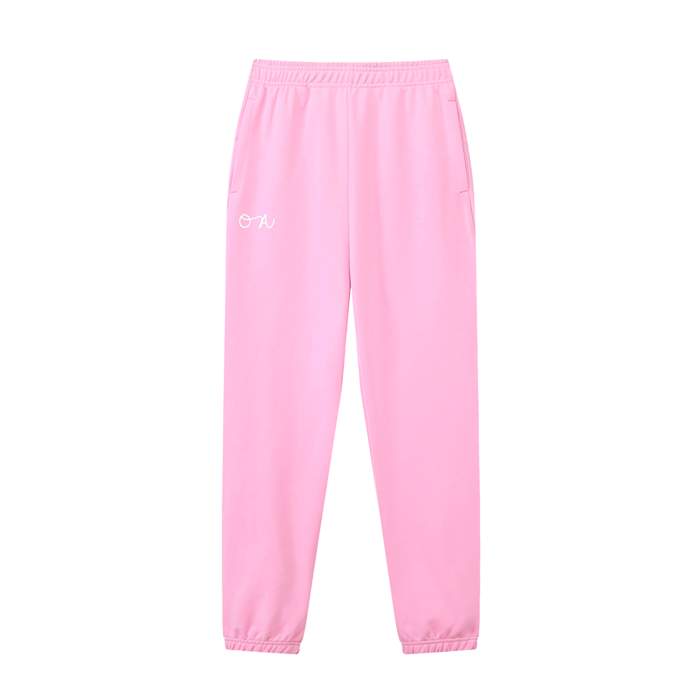 Front of light pink cuffed sweatpants/joggers with an oa logo in white in front of a white background.