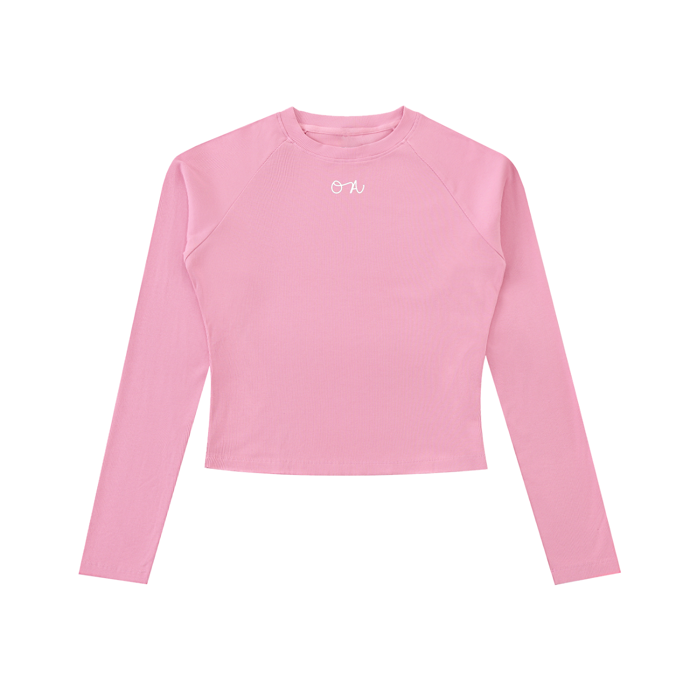 Pink long-sleeve shirt with a white oa logo on a white background
